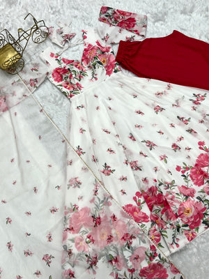 Organza Silk Printed Anarkali Set – Ivory Floral