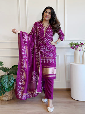 Viscose Embroidered Kurta Pant Dupatta Set – Purple
