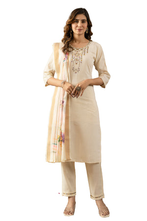 Shimmer Gold Silk Embroidered Straight Kurti Set – Off White