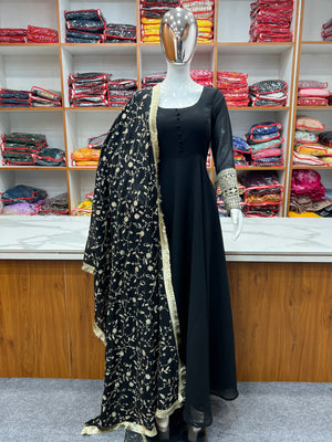 Georgette Embroidered Gown Set – Black