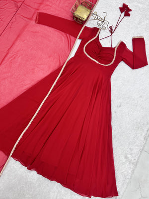 Georgette Embroidered Gown Set – Red