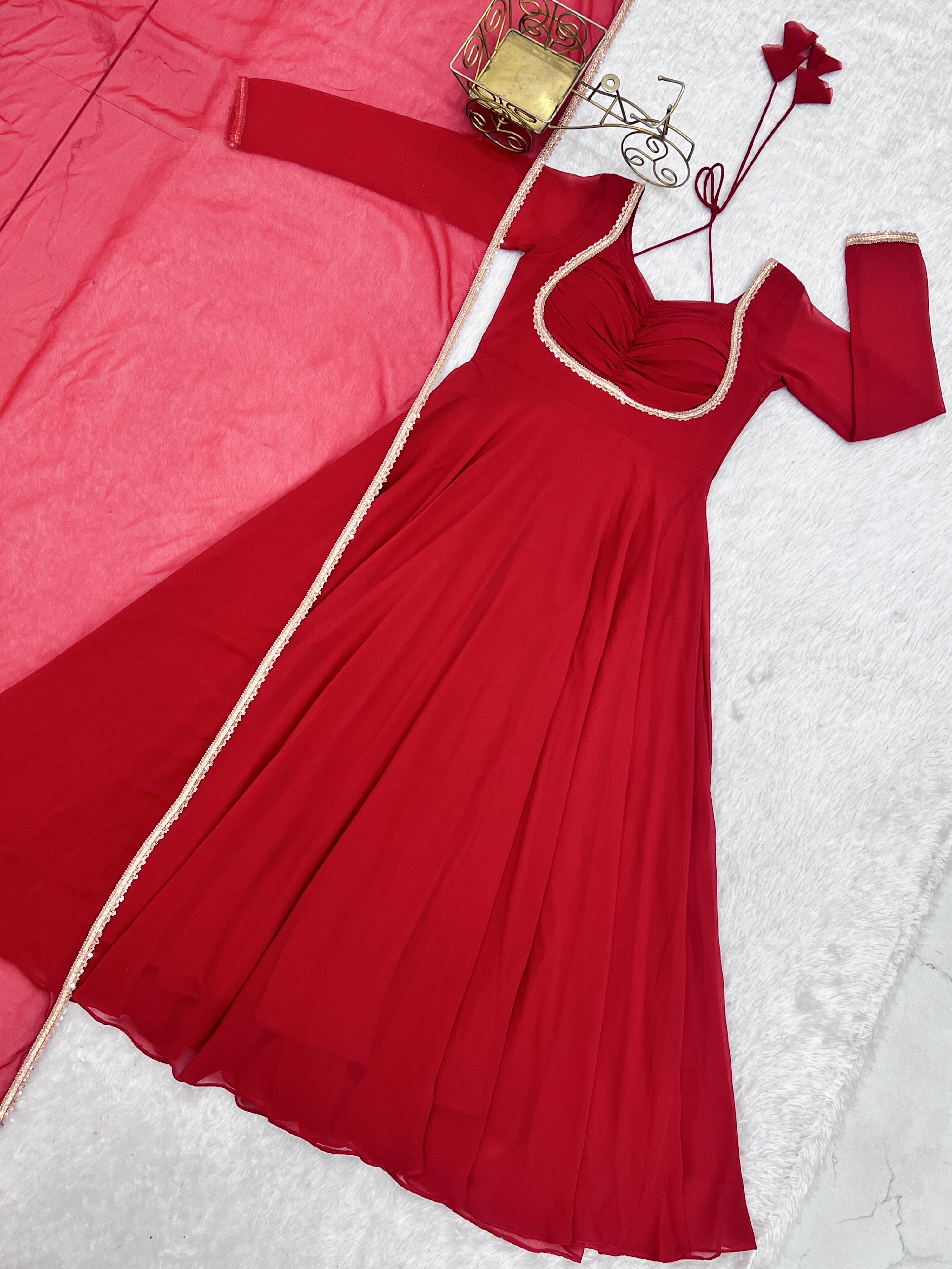 Georgette Embroidered Gown Set – Red