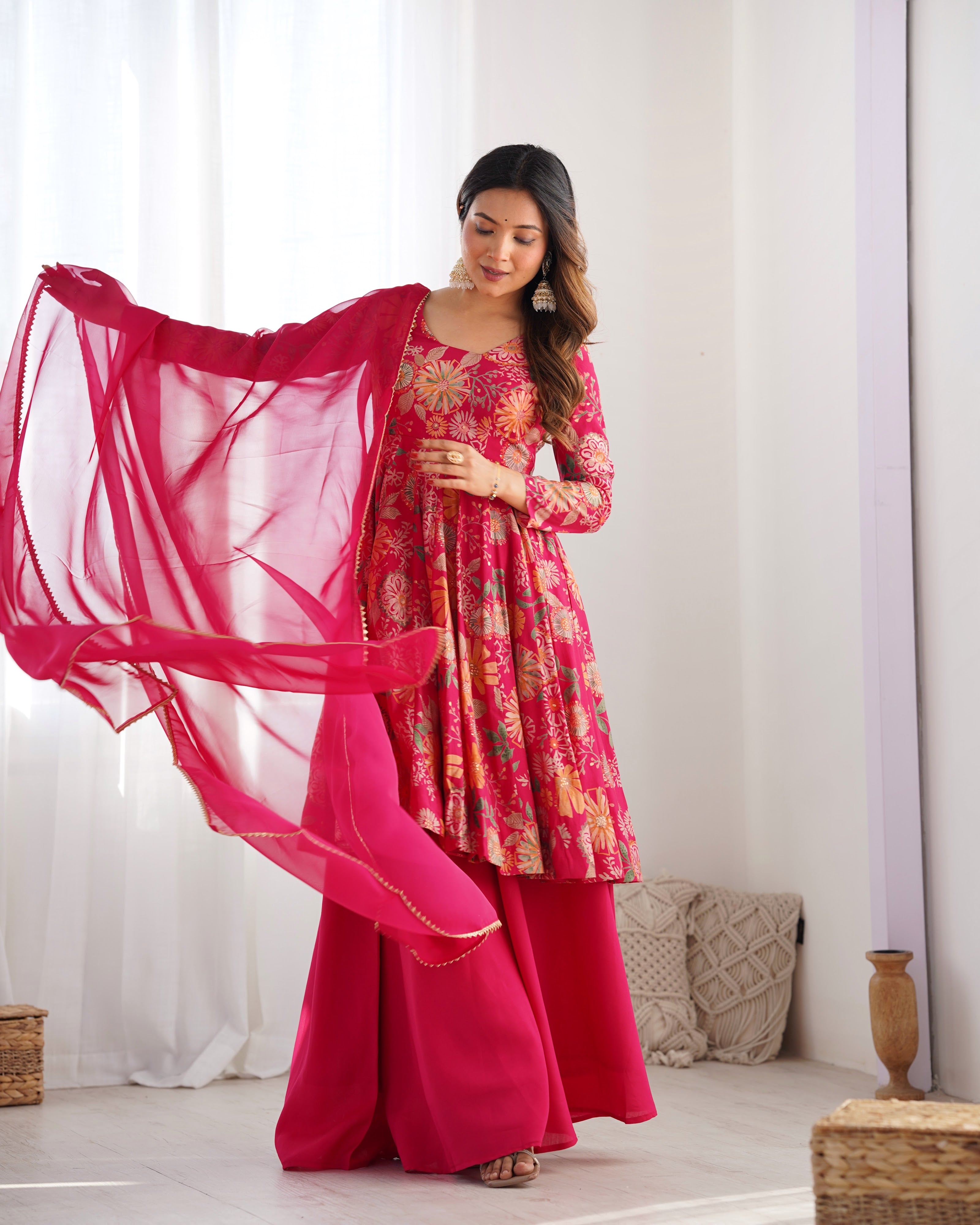 Roman Chanderi Silk Printed Kurta-Palazzo Set – Pink
