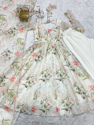 Organza Silk Printed Anarkali Set – Off White