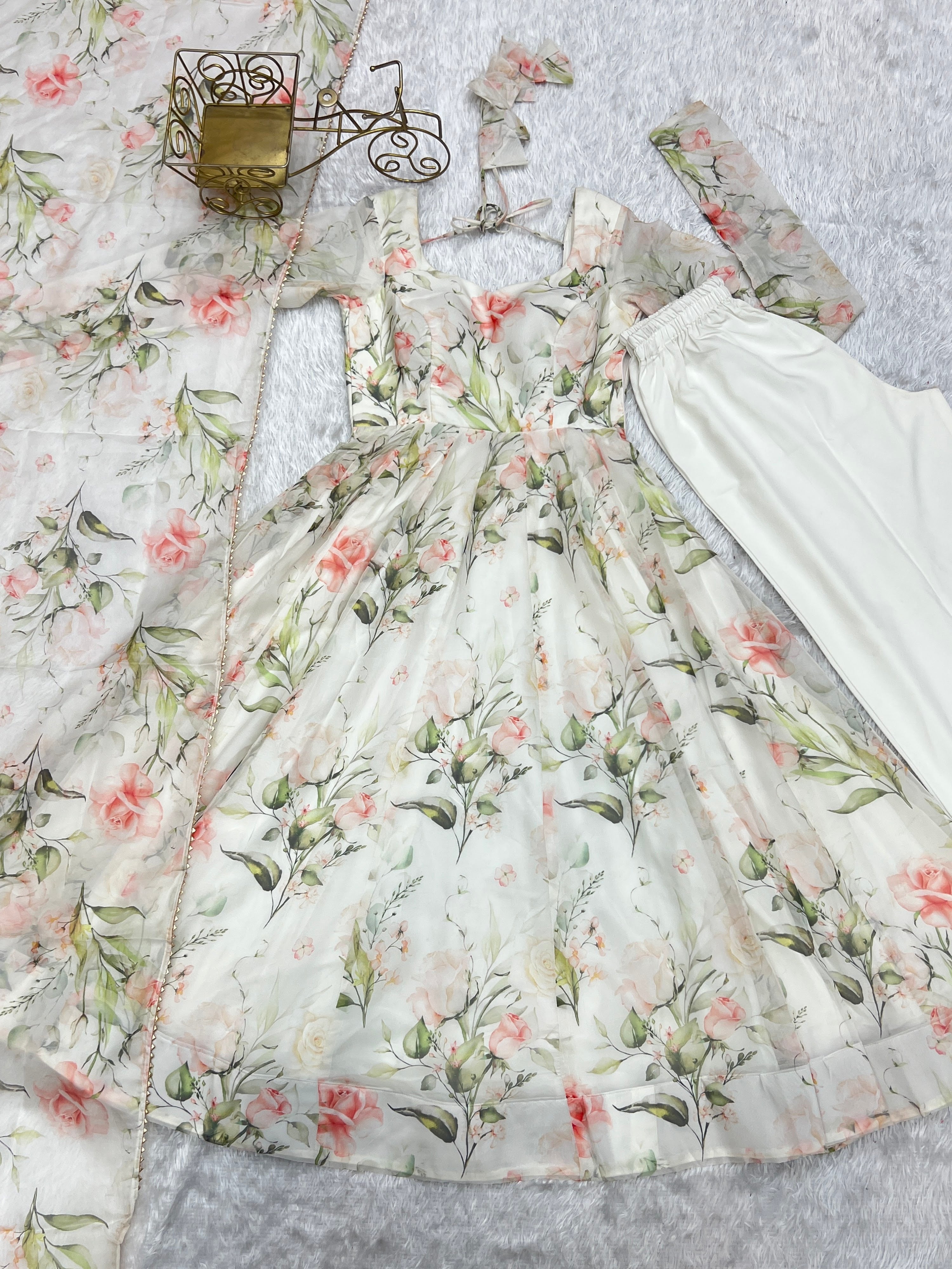 Organza Silk Printed Anarkali Set – Off White
