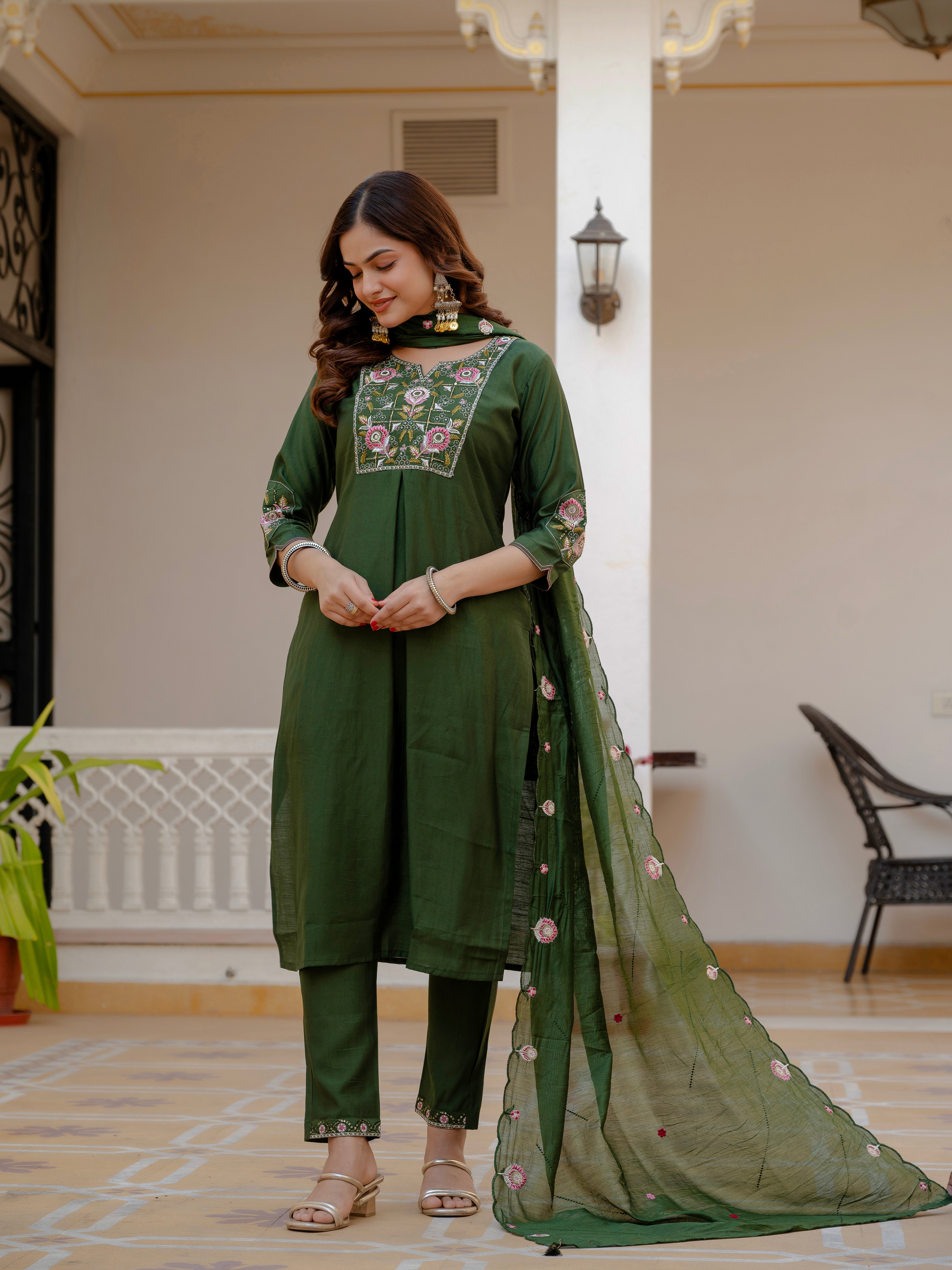 Pure Viscose Mango Silk Embroidered Straight Kurti Set – Green
