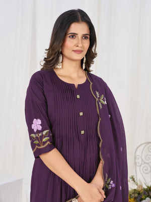 Pure Cotton Embroidered Anarkali Kurti Set – Purple