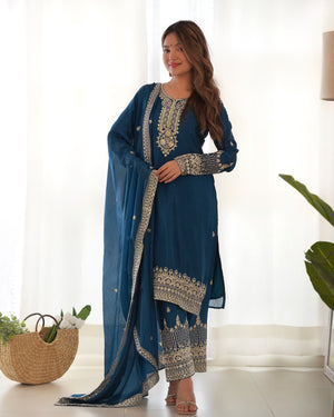 Chinon Silk Embroidered Straight Kurta Set – Navy Blue