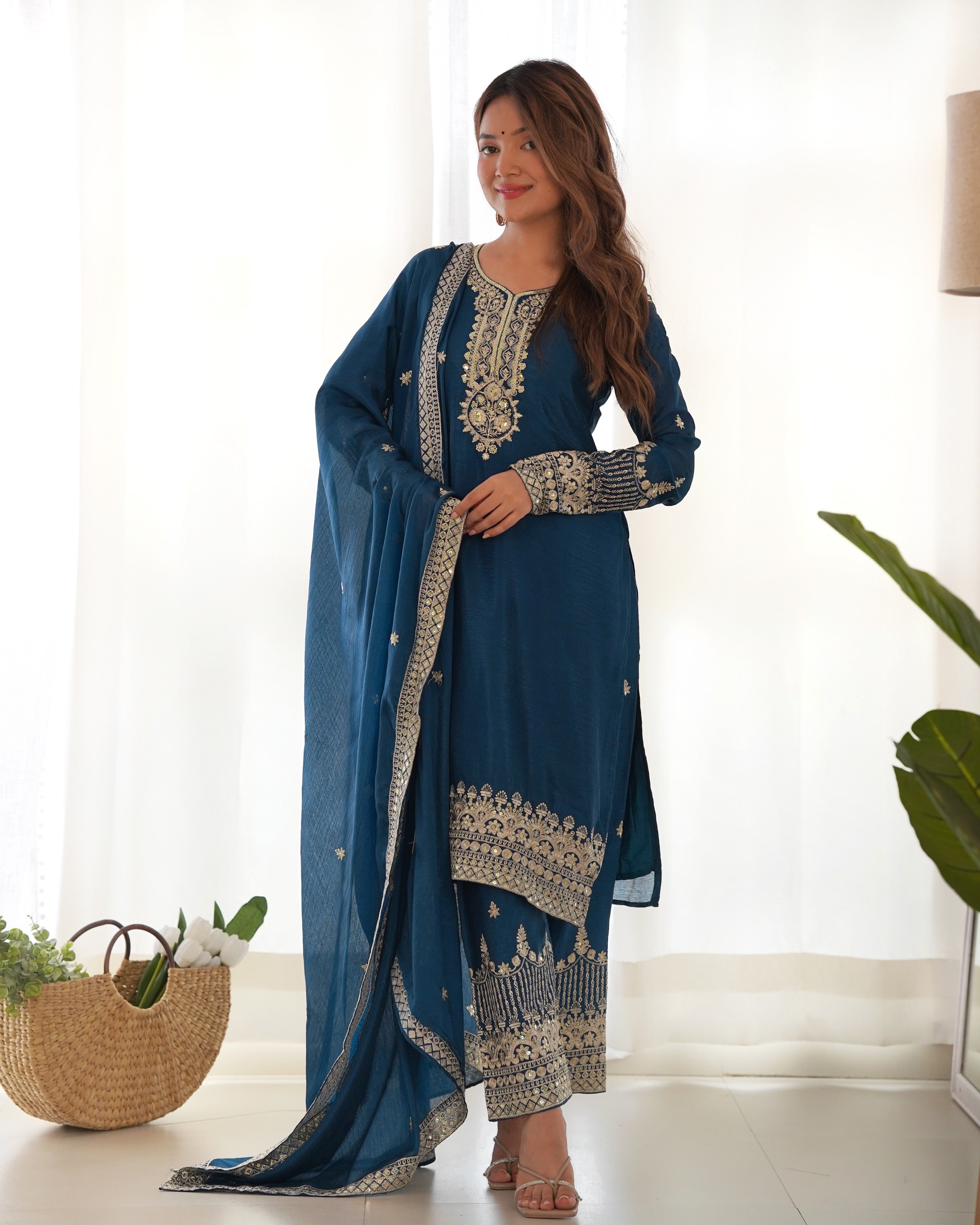 Chinon Silk Embroidered Straight Kurta Set – Navy Blue