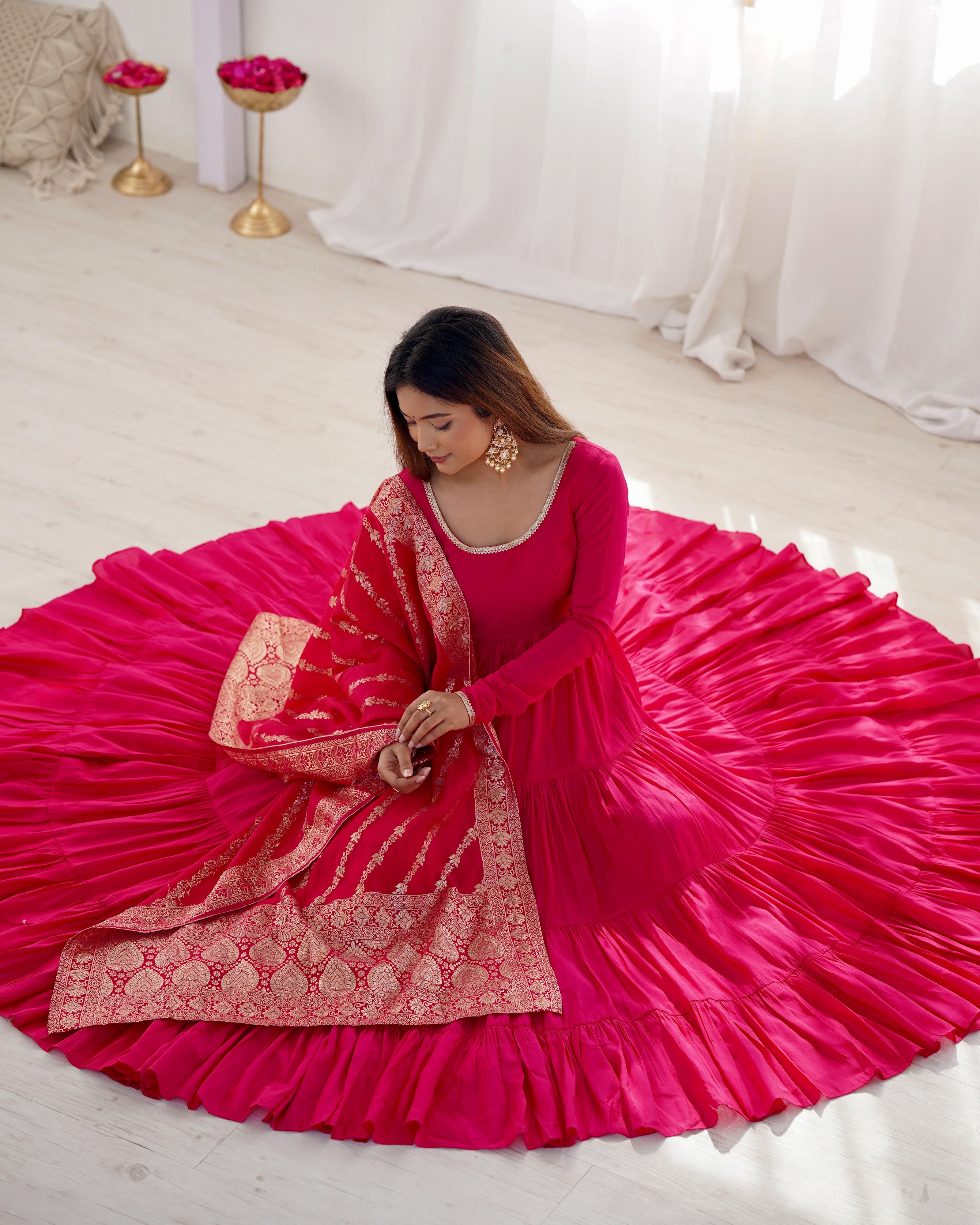 Roman Chanderi Silk Embroidered Anarkali Set – Red