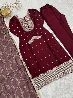 Rangoli Silk Embroidered Straight Kurta Set – Maroon