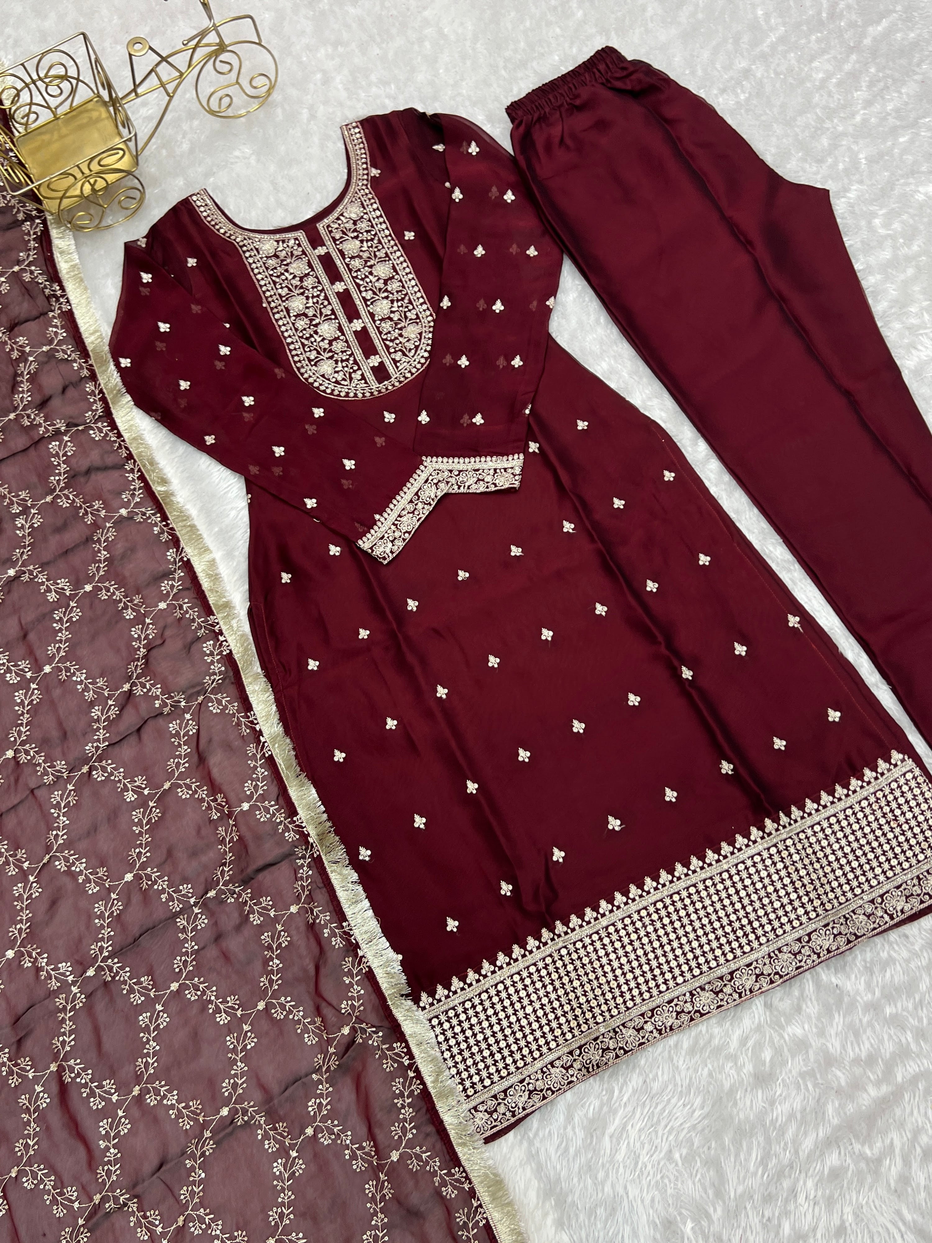 Rangoli Silk Embroidered Straight Kurta Set – Maroon