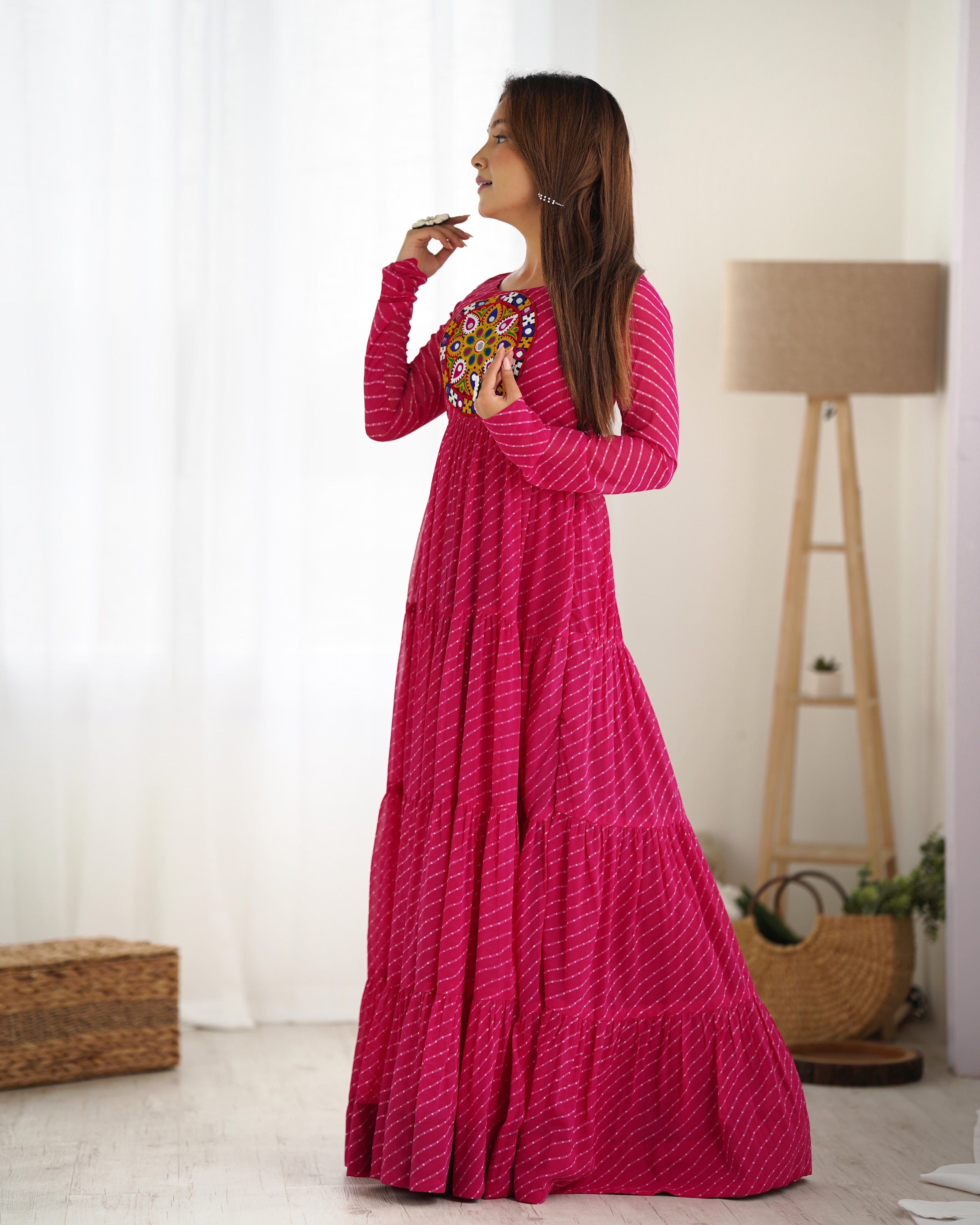 Georgette Printed Gown Set – Pink