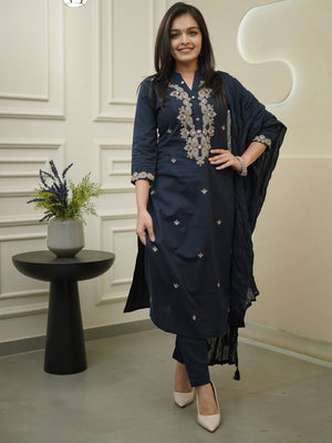 Rayon Slub Embroidered Kurta Pant Dupatta Set – Navy Blue