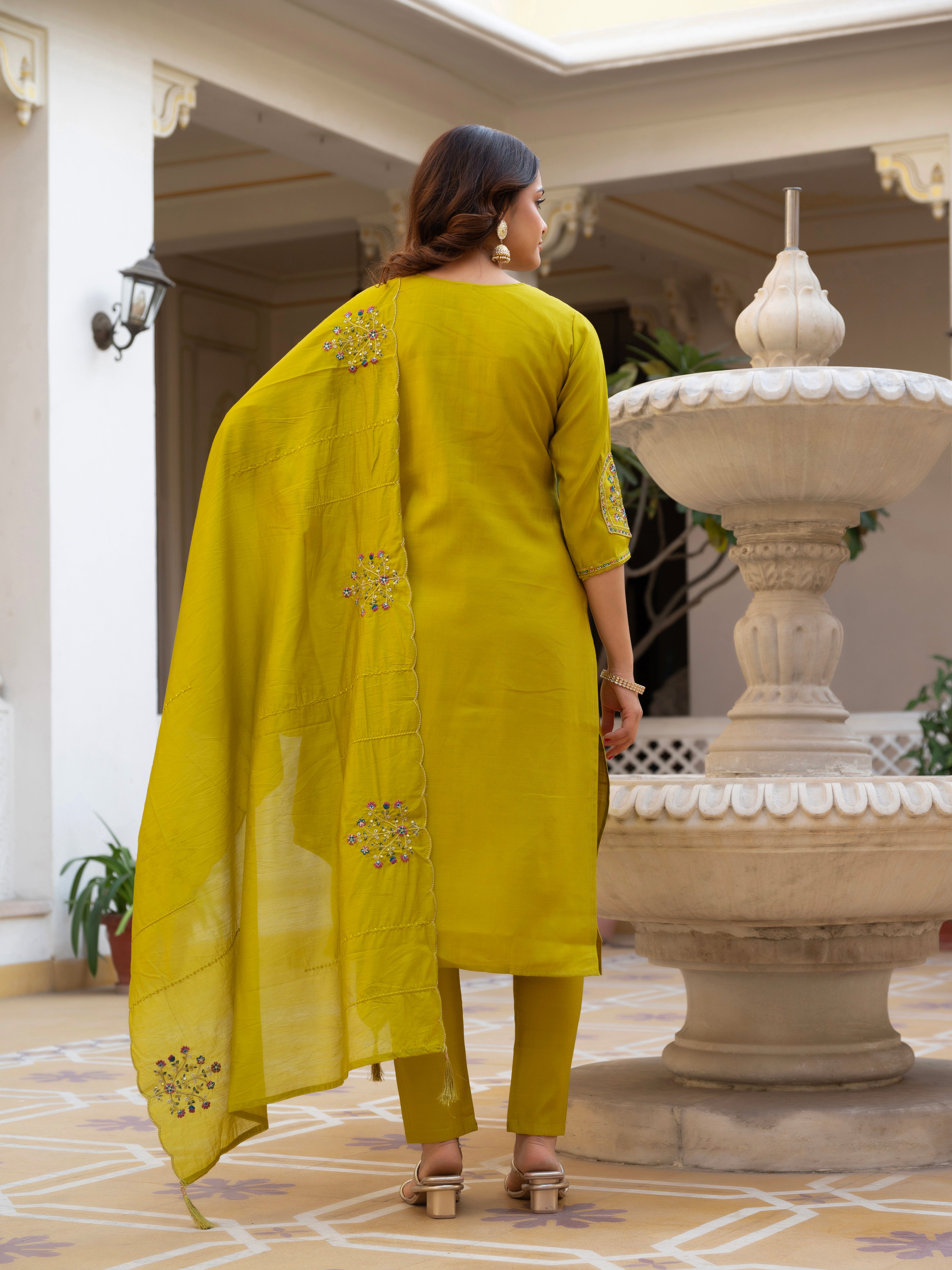 Pure Viscose Mango Silk Embroidered Straight Kurti Set – Yellow
