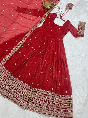 Crunchy Silk Embroidered Gown Set – Rust