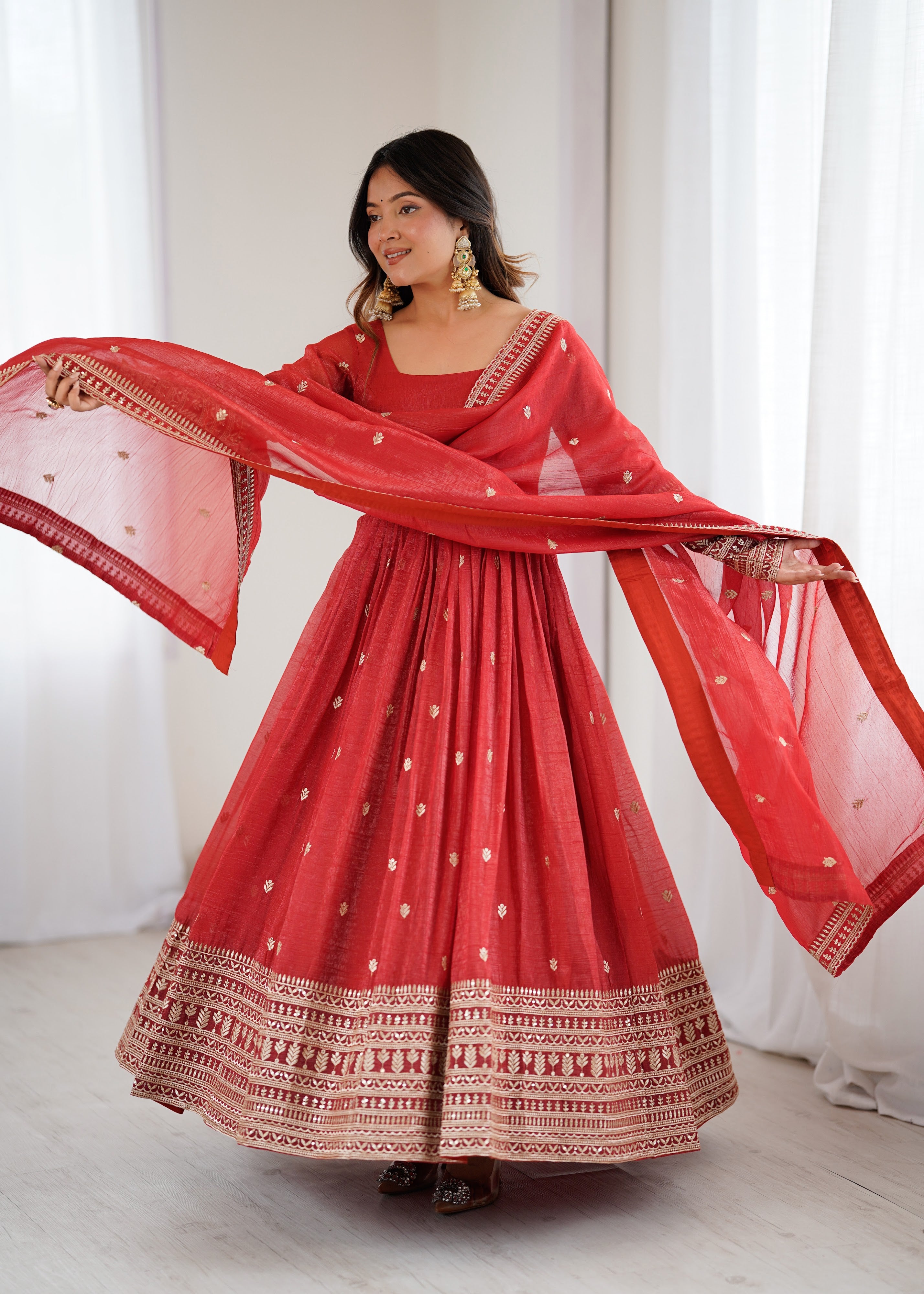 Crunchy Silk Embroidered Gown Set – Rust
