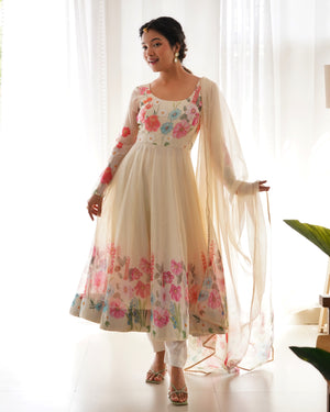 Organza Silk Printed Anarkali Set – Cream