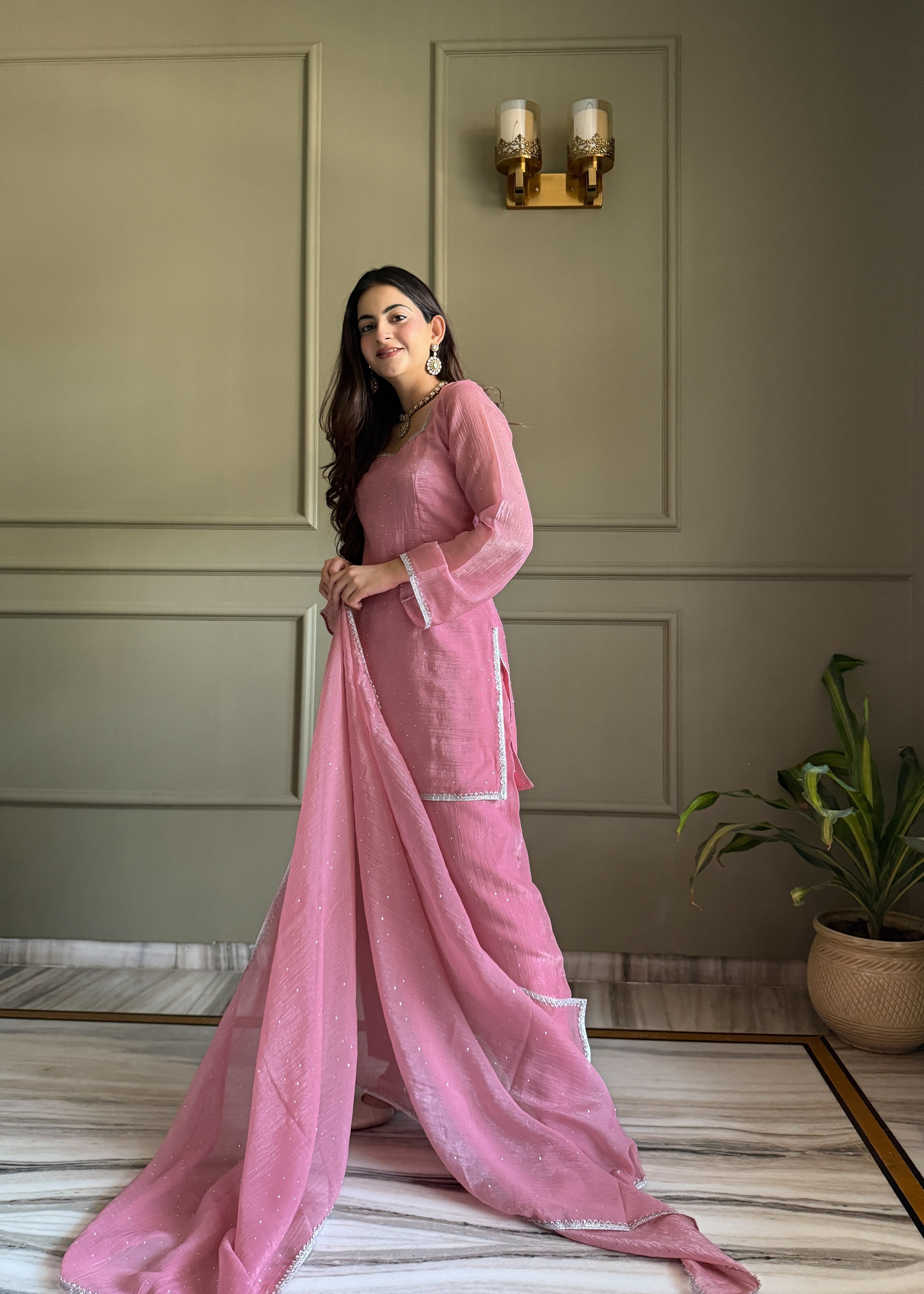 Crunchy Silk Embroidered Farshi Salwar Set – Pink