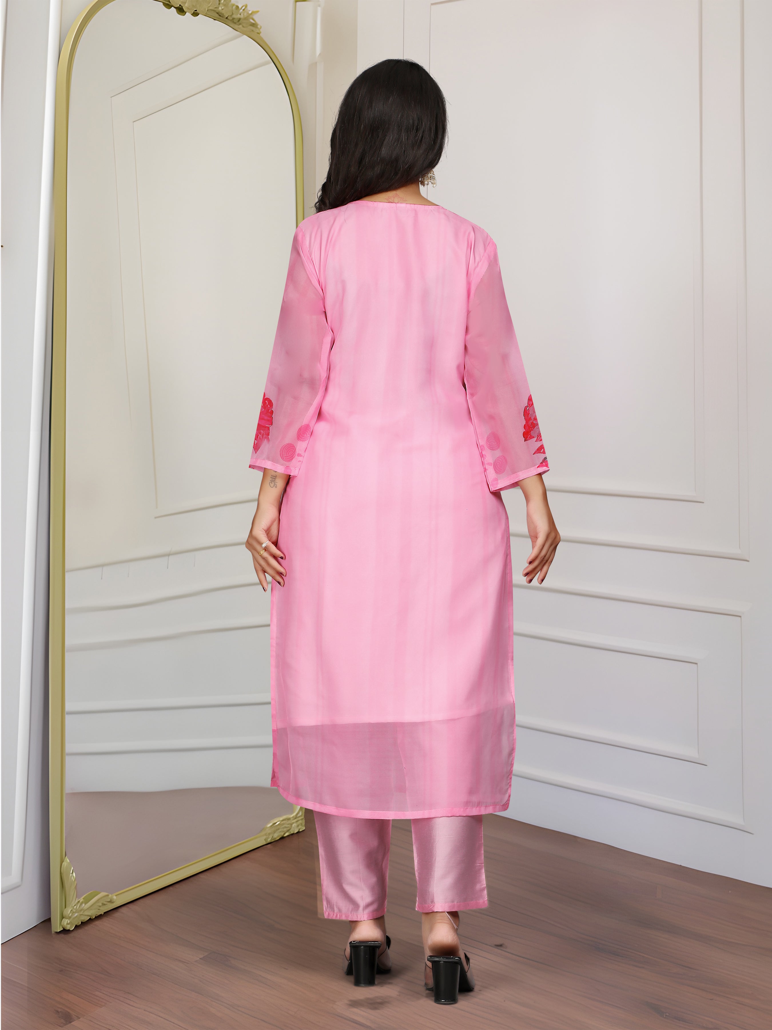 Organza Embroidered Kurta Pant Dupatta Set – Pink