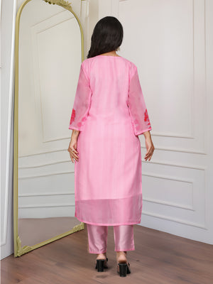 Organza Embroidered Kurta Pant Dupatta Set – Pink