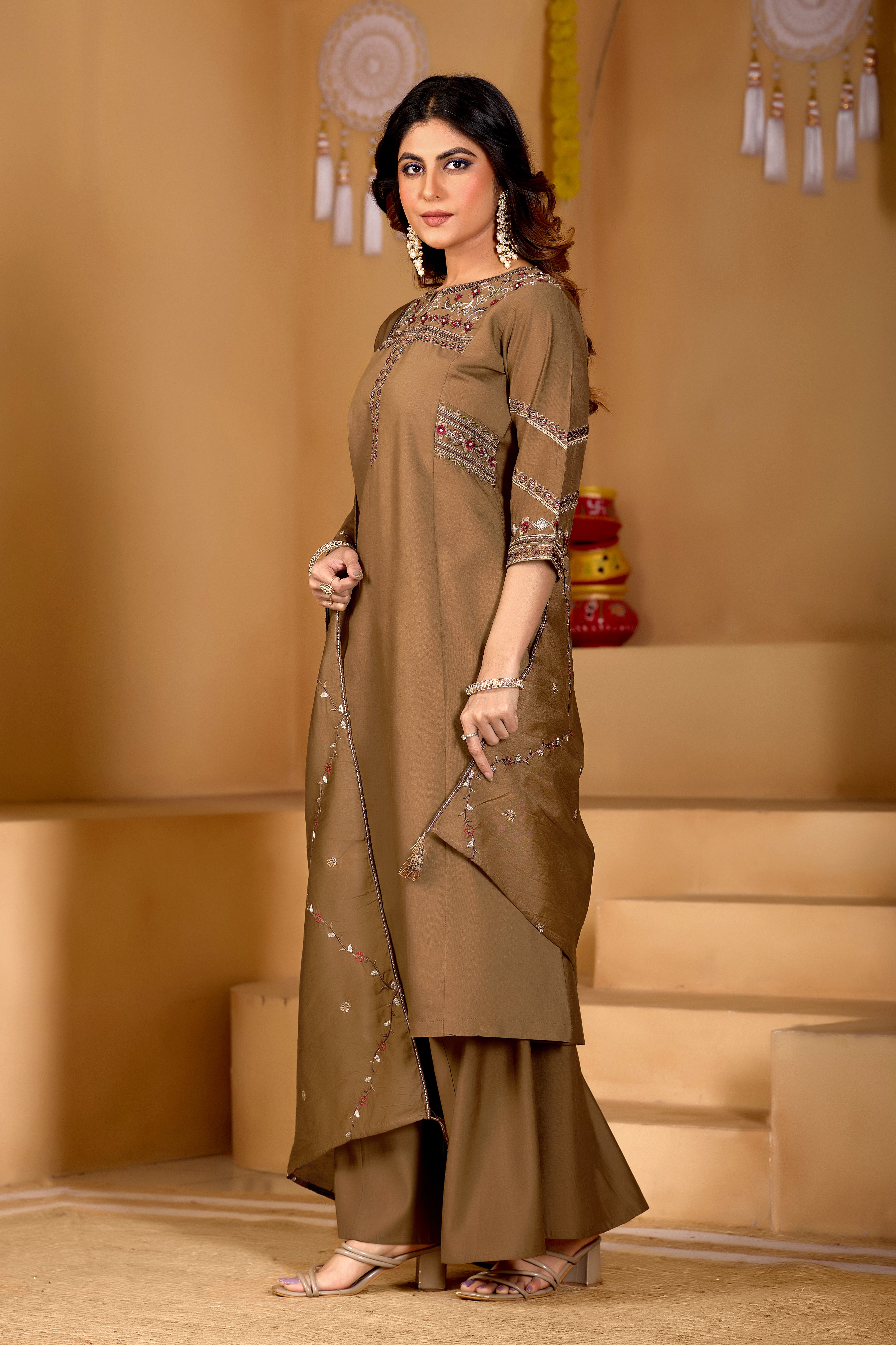 Viscose Mango Silk Embroidered Anarkali Kurti Set – Coffee