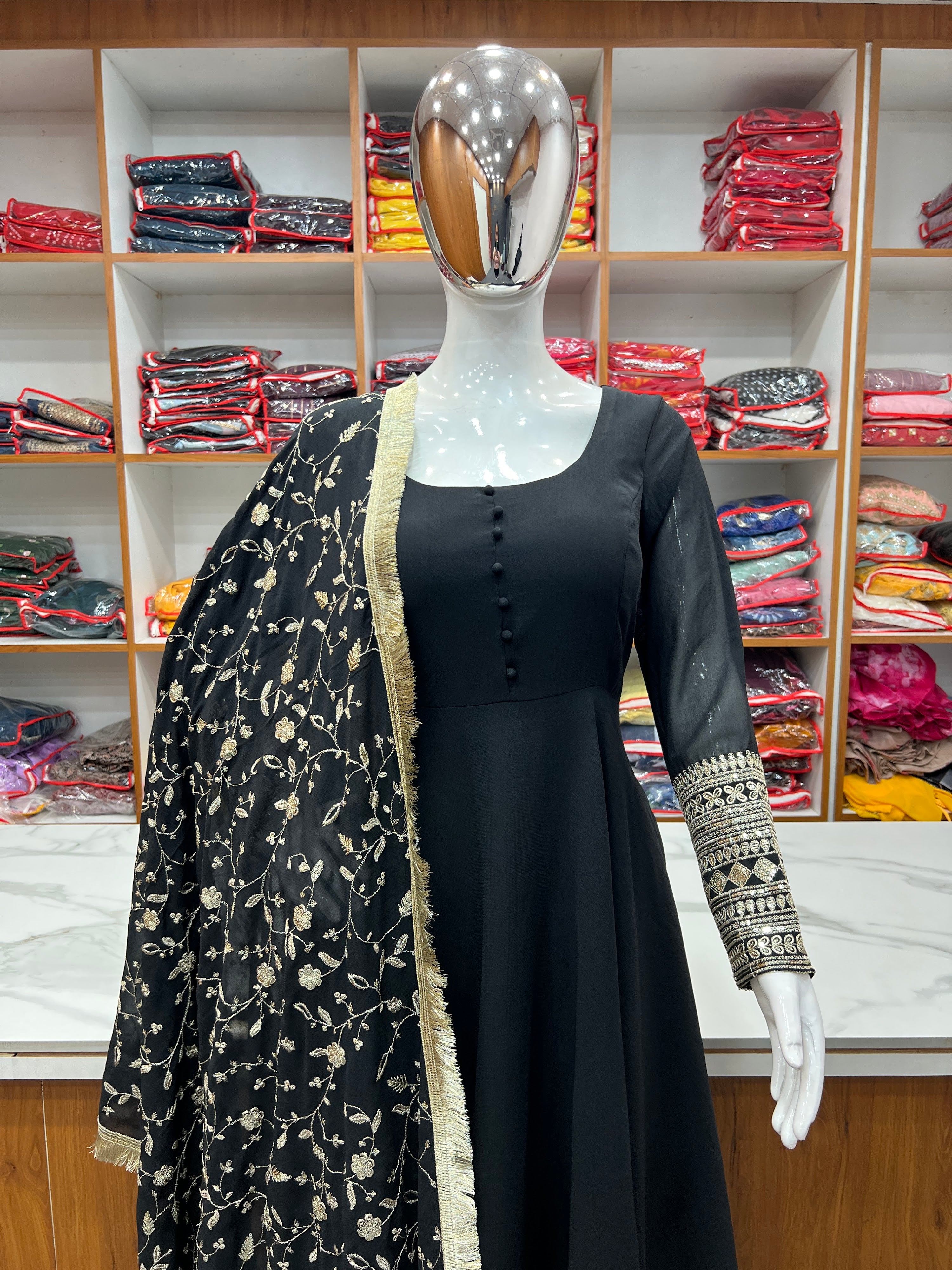 Georgette Embroidered Gown Set – Black