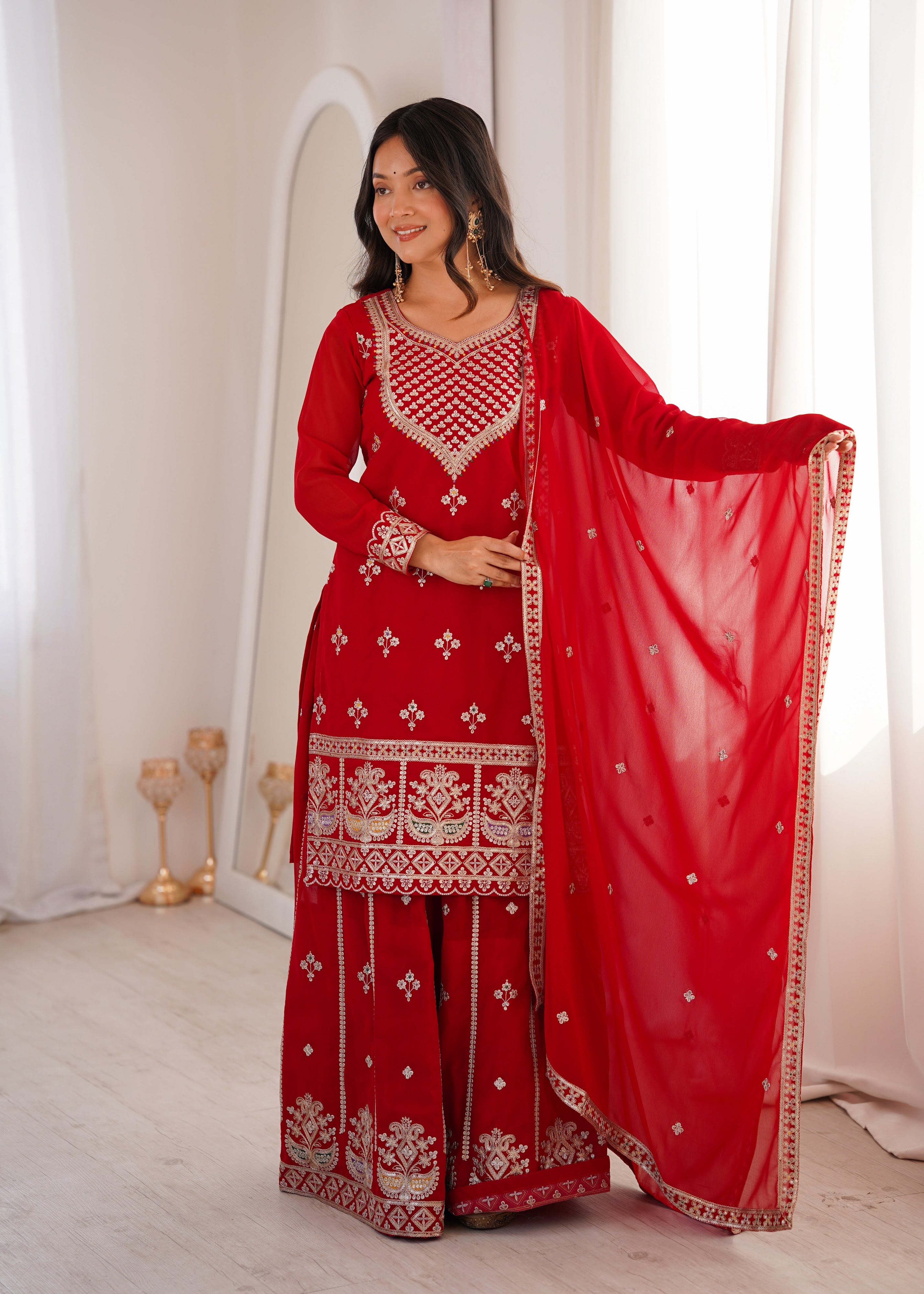 Georgette Embroidered Kurta-Sharara Set – Red
