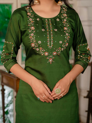 Marina Silk Embroidered Straight Kurti Set – Mehndi Green