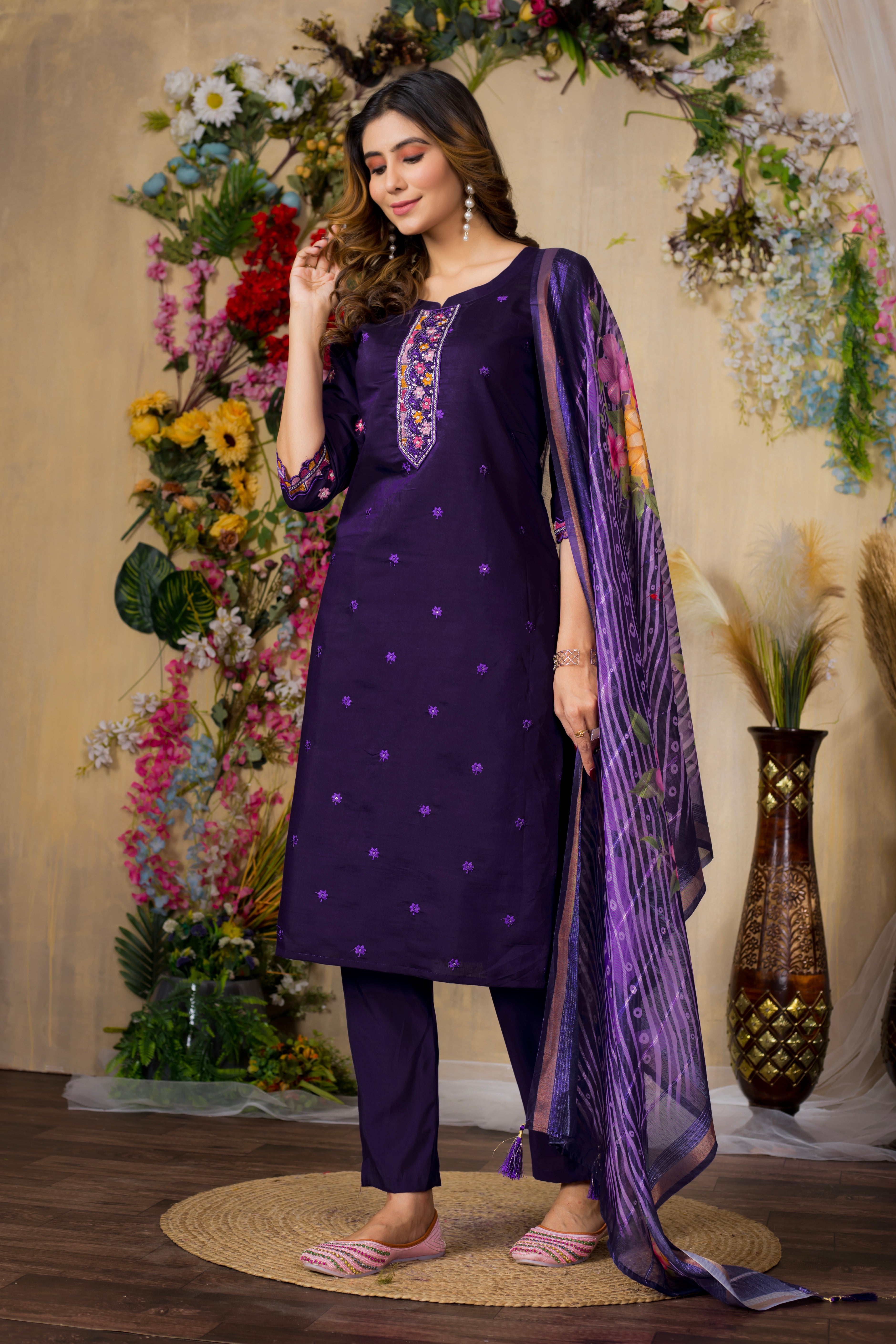 Roman Silk Embroidered Straight Kurti Set – Purple