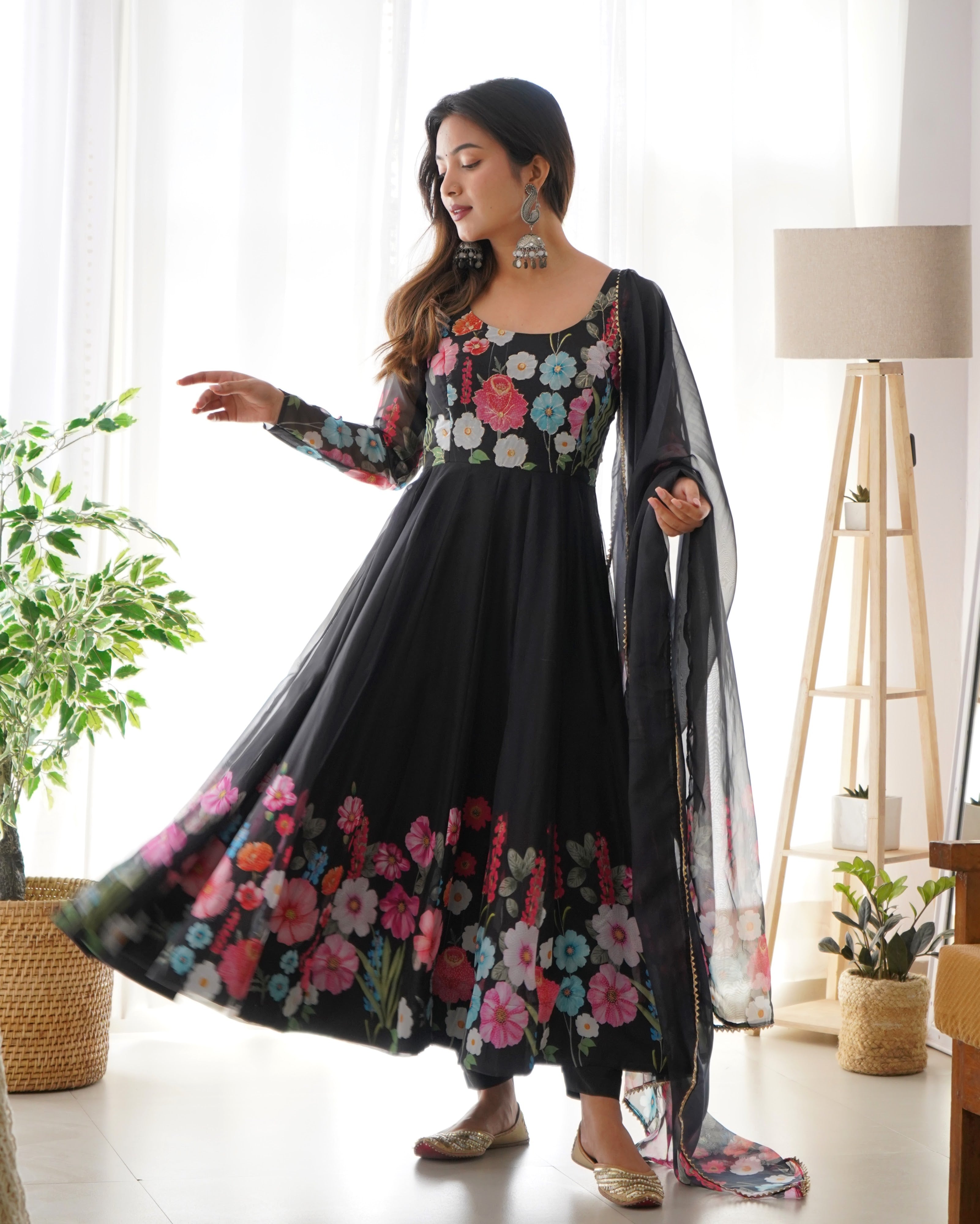 Organza Silk Printed Anarkali Set – Black