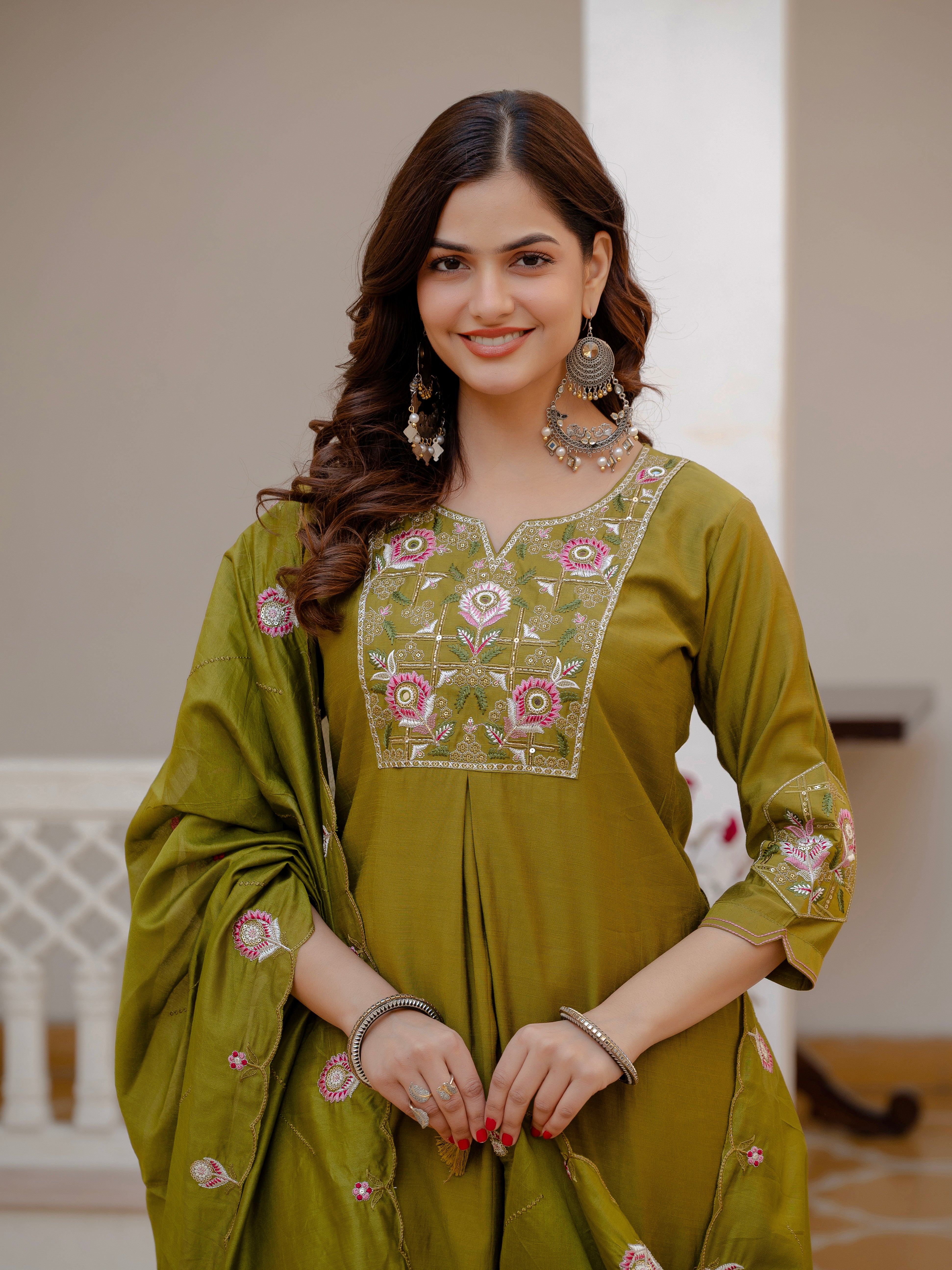 Pure Viscose Mango Silk Embroidered Straight Kurti Set – Mahendi Green