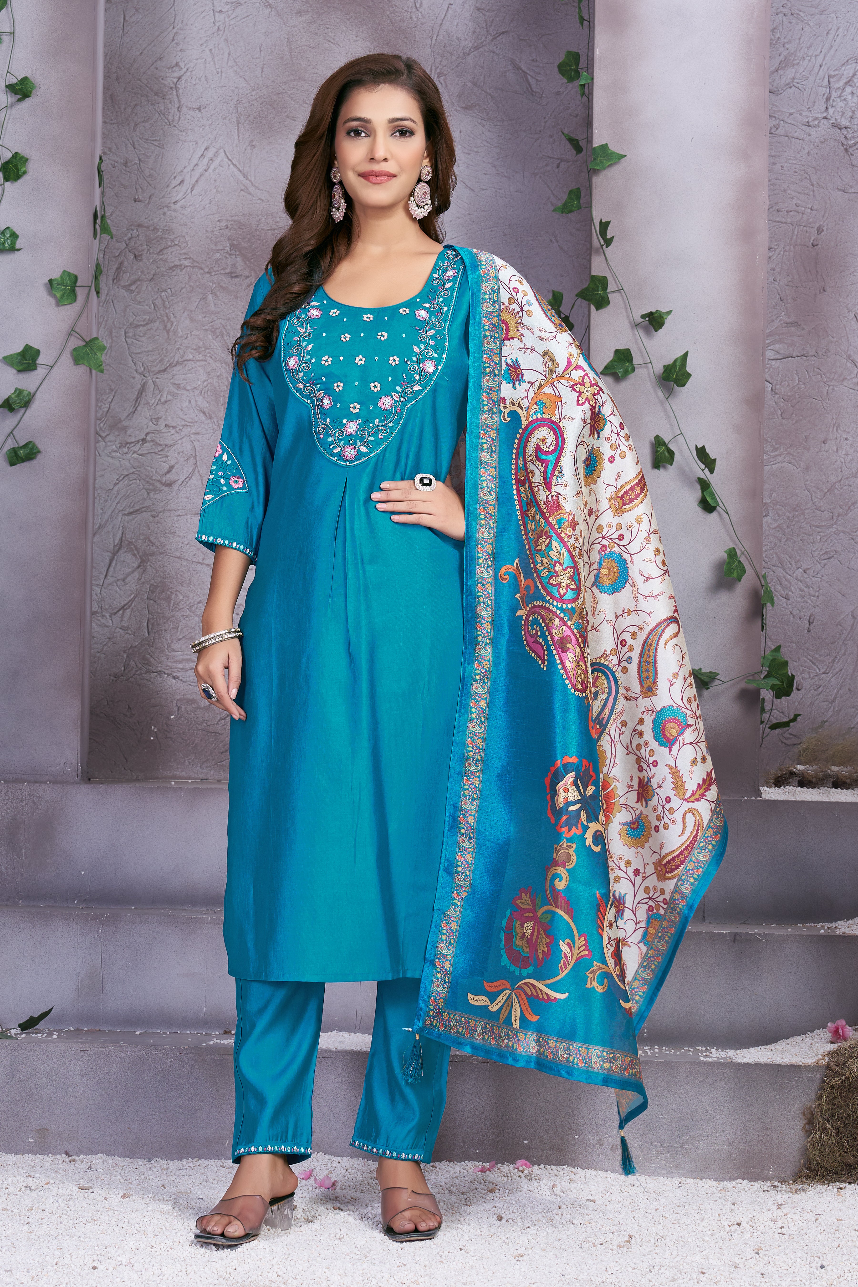 Premium Marina Silk Embroidered Straight Kurti Set – Firozi
