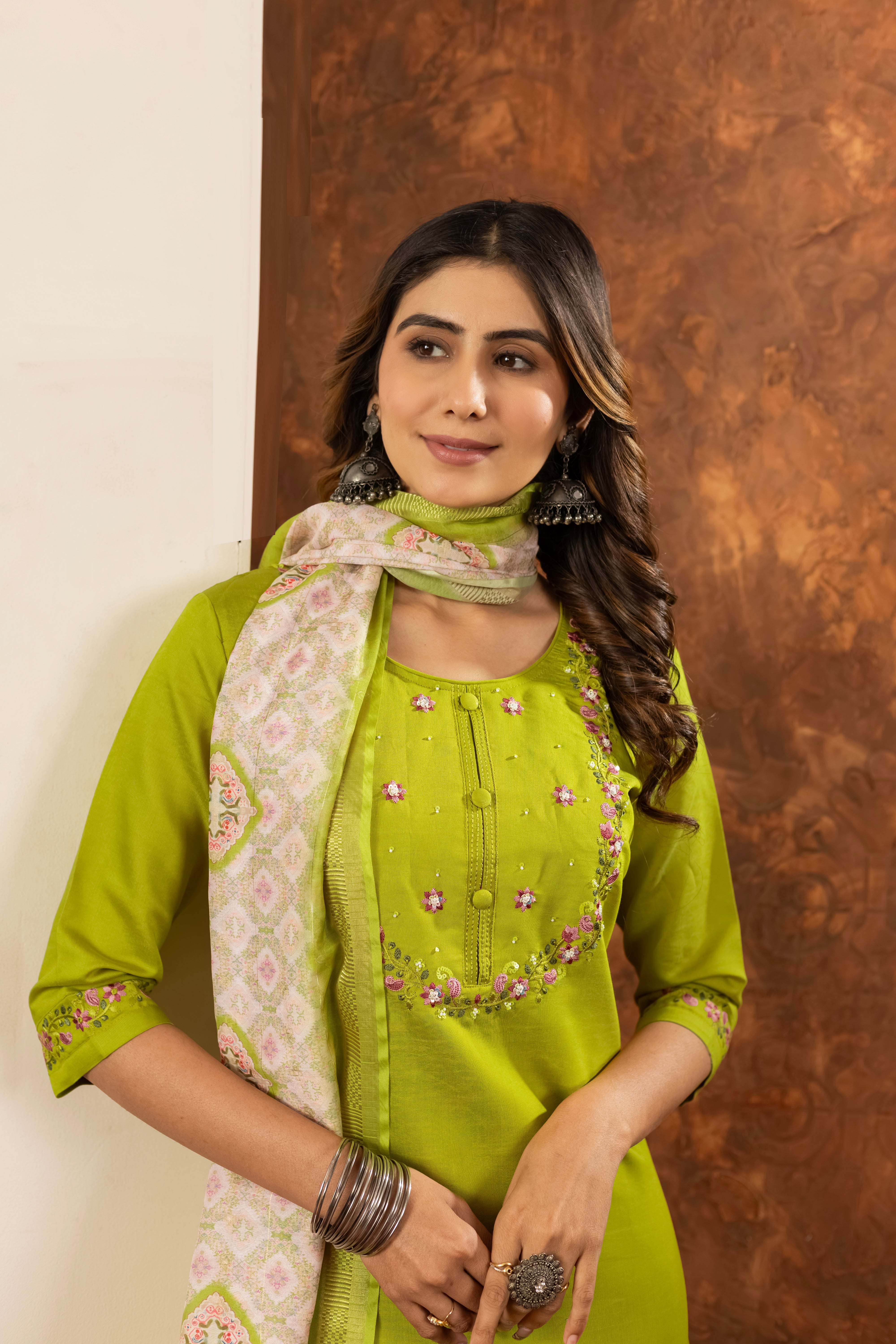 Marina Silk Embroidered Straight Kurti Set – Parrot Green