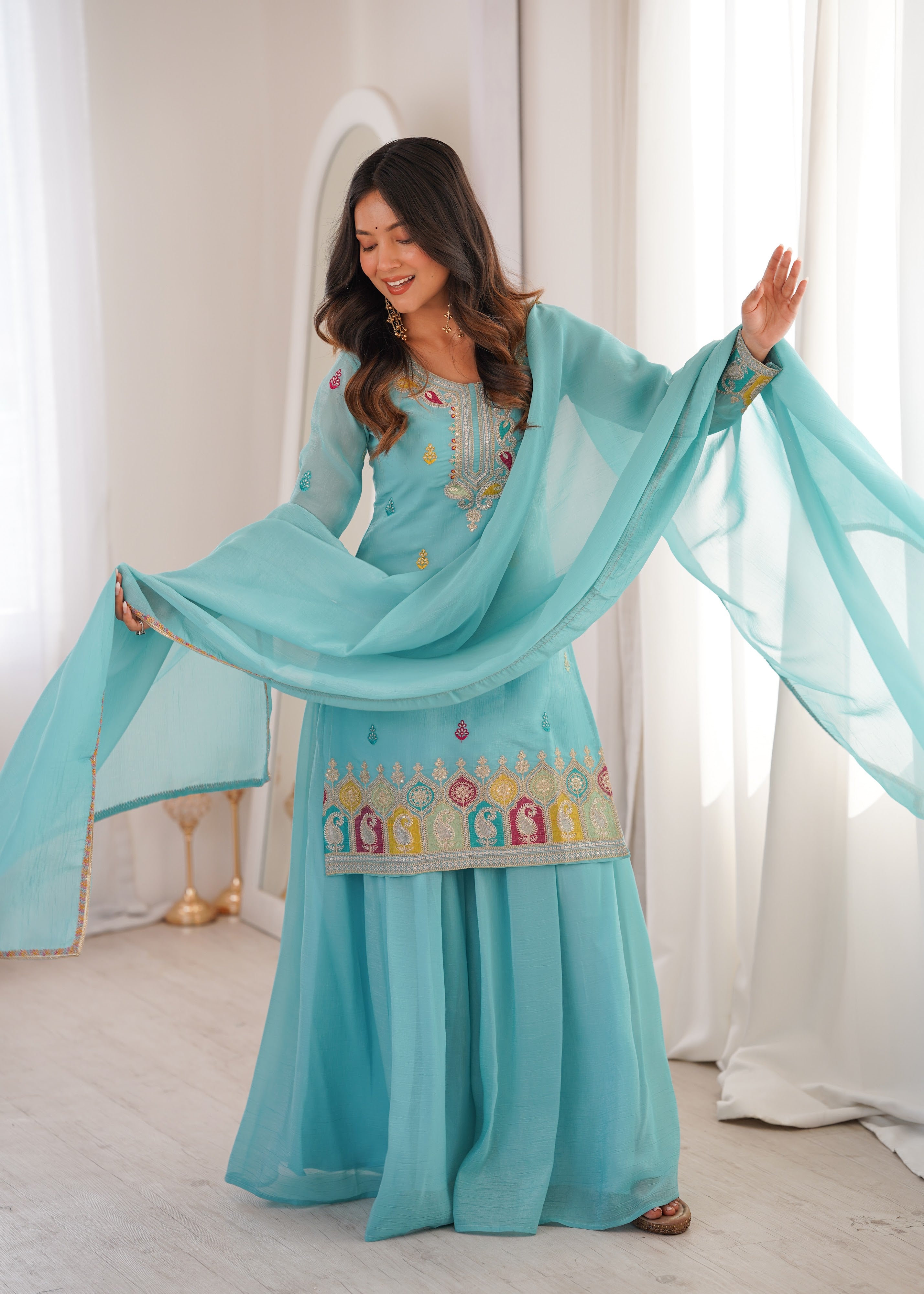 Crunchy Silk Embroidered Kurta-Sharara Set – Sky Blue