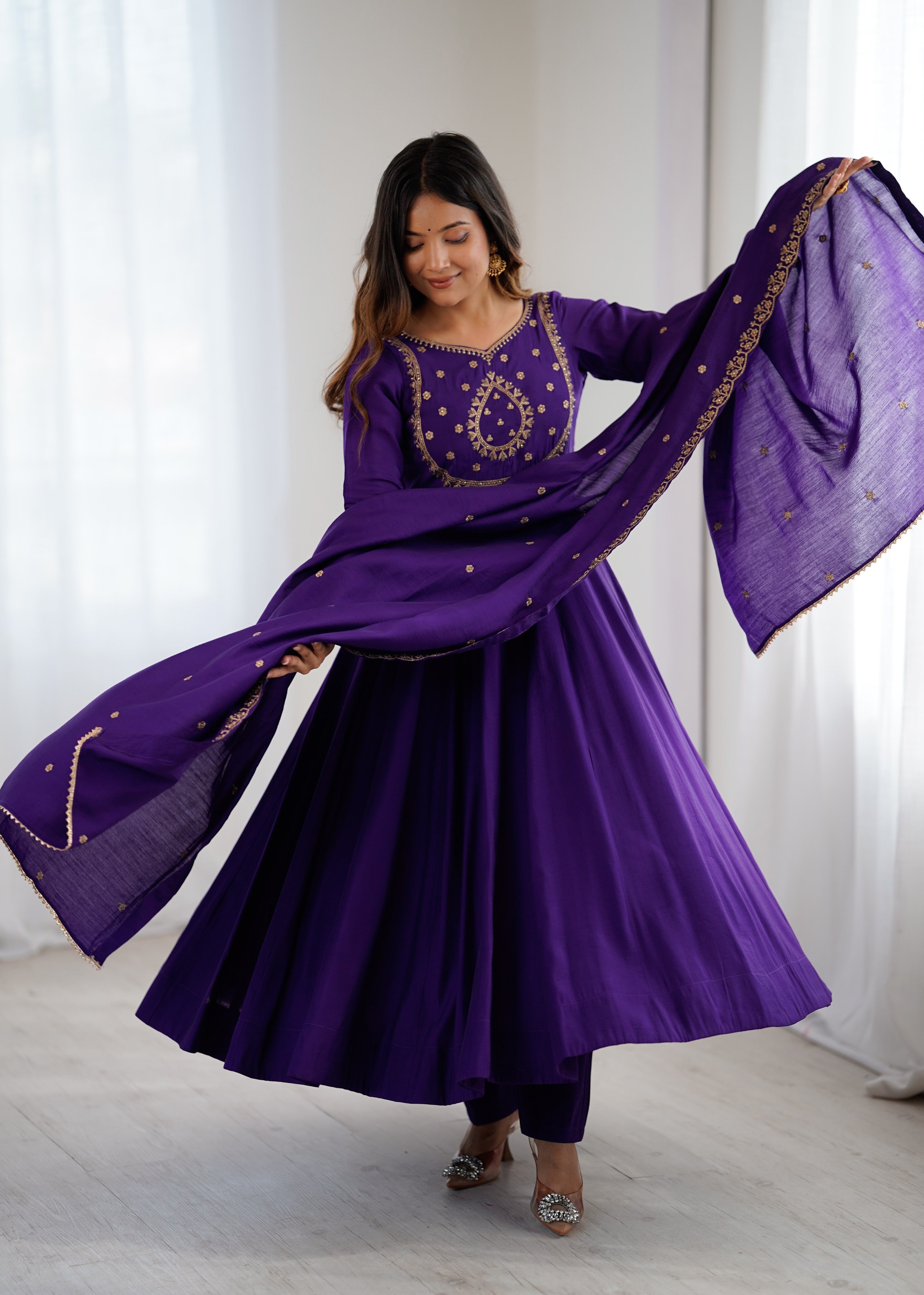 Roman Chanderi Silk Embroidered Anarkali Set – Purple
