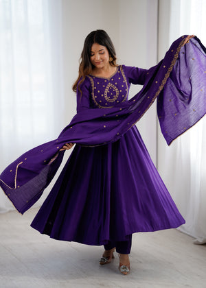 Roman Chanderi Silk Embroidered Anarkali Set – Purple