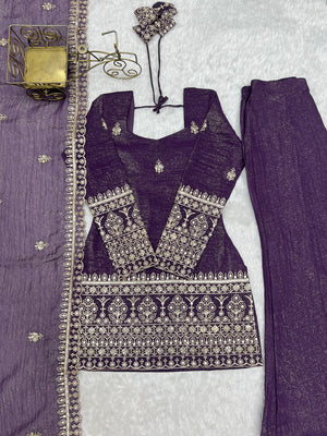 Crunchy Silk Embroidered Bell Bottom Set – Purple