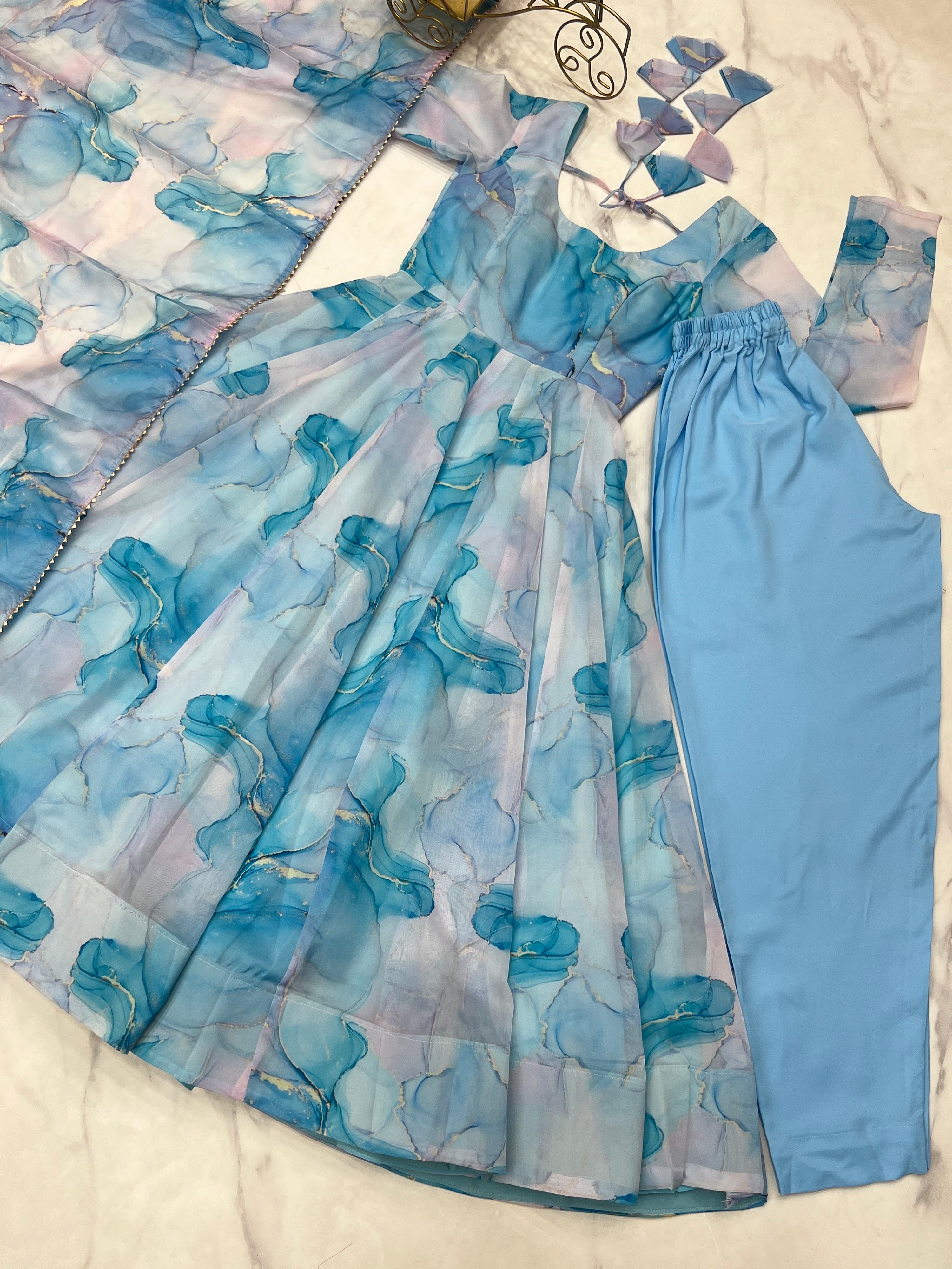 Organza Silk Printed Anarkali Set – Sky Blue