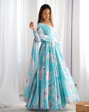 Georgette Printed Gown Set – Sky Blue Floral
