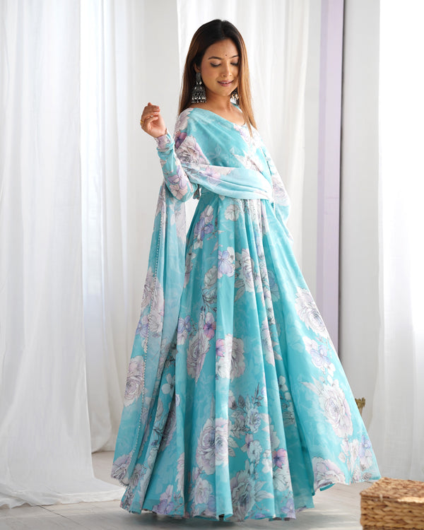 Georgette Printed Gown Set – Sky Blue Floral