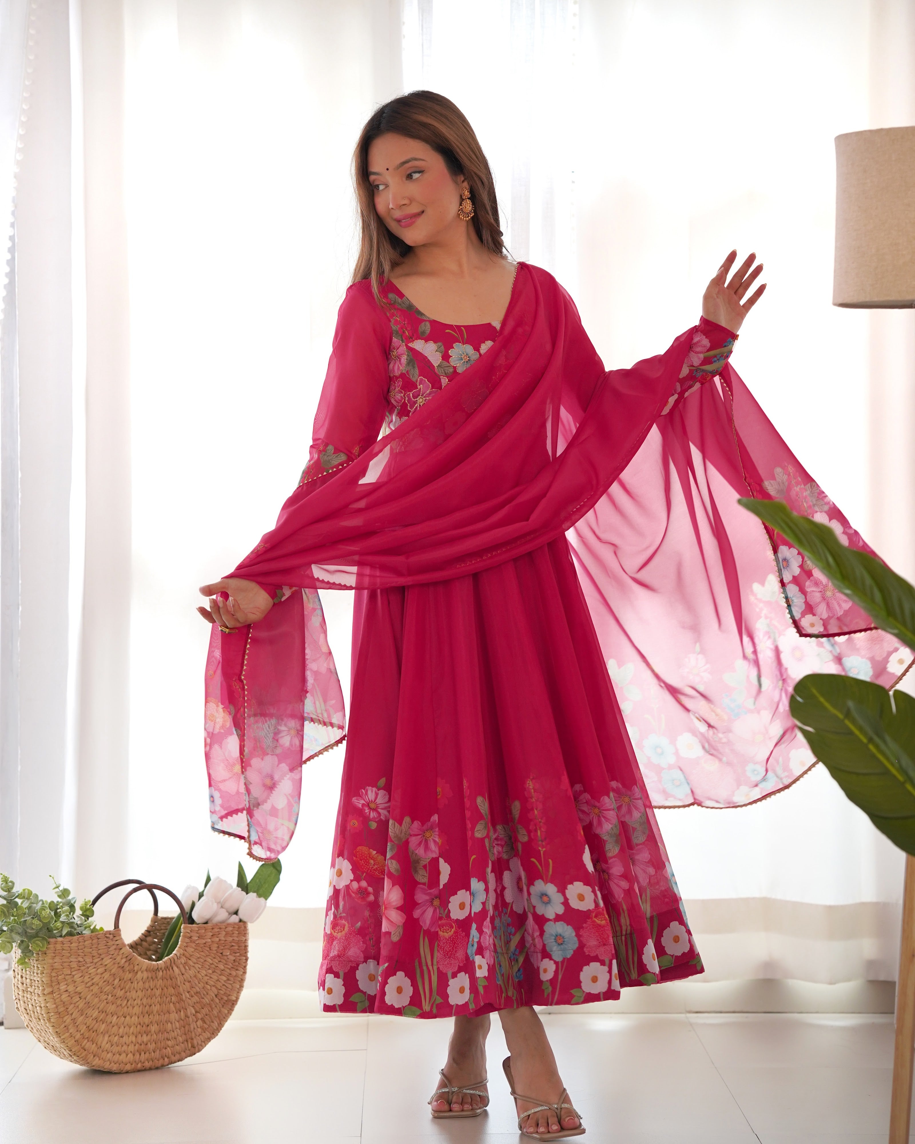 Organza Silk Printed Anarkali Set – Pink