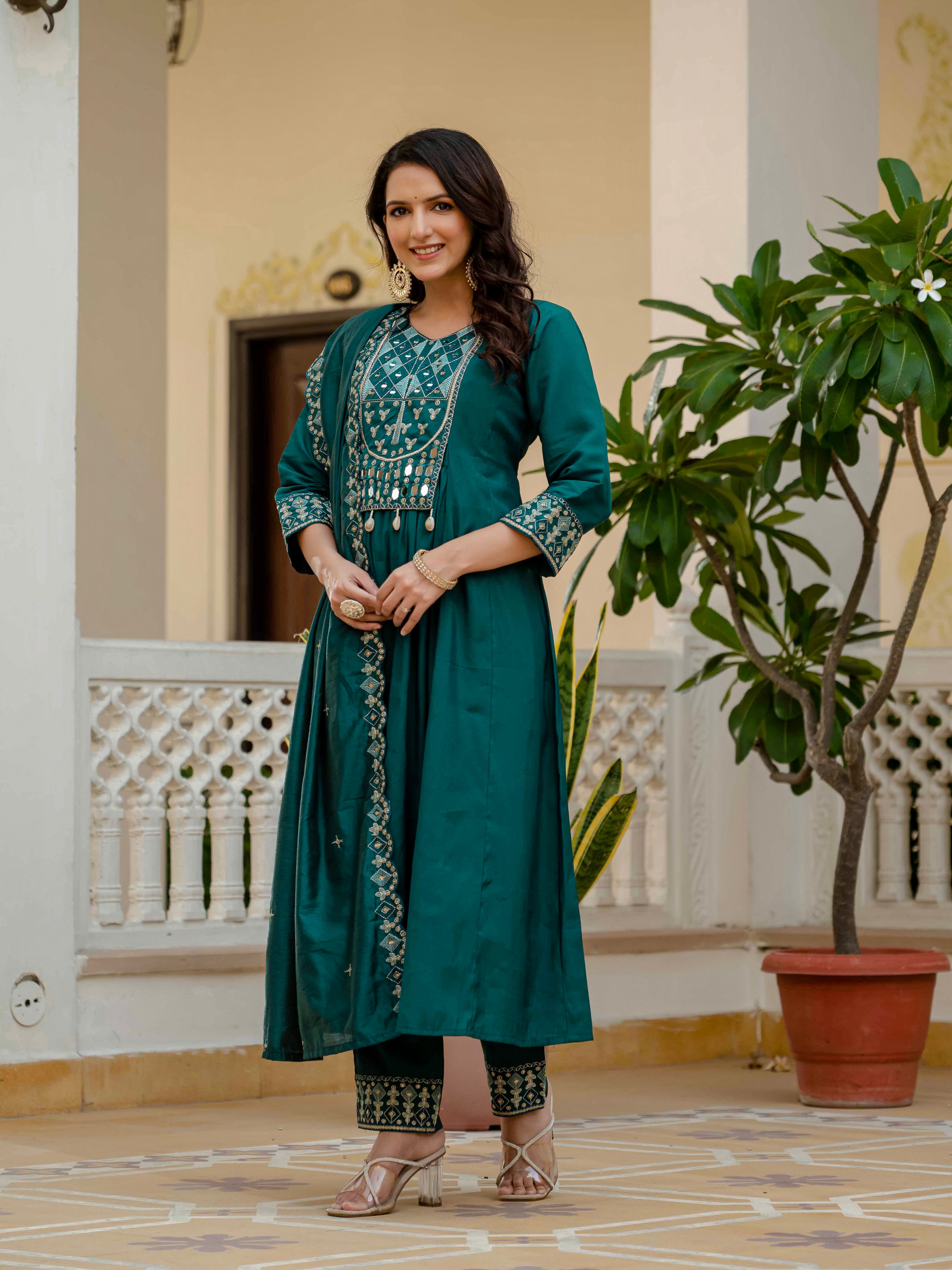 Viscose Roman Silk Embroidered Anarkali Kurti Set – Teal