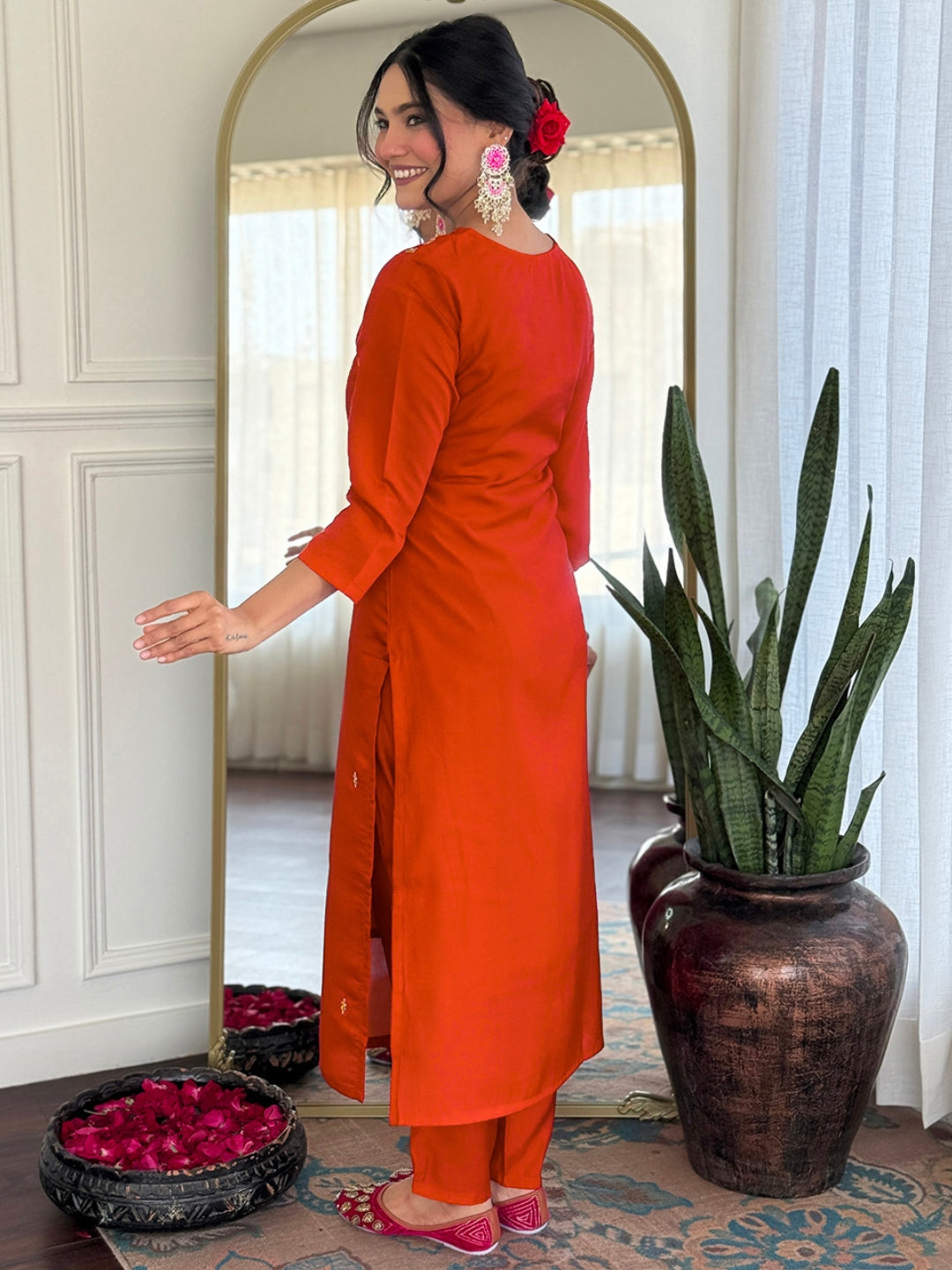 Roman Silk Embroidered Kurta Pant Dupatta Set – Rust Orange