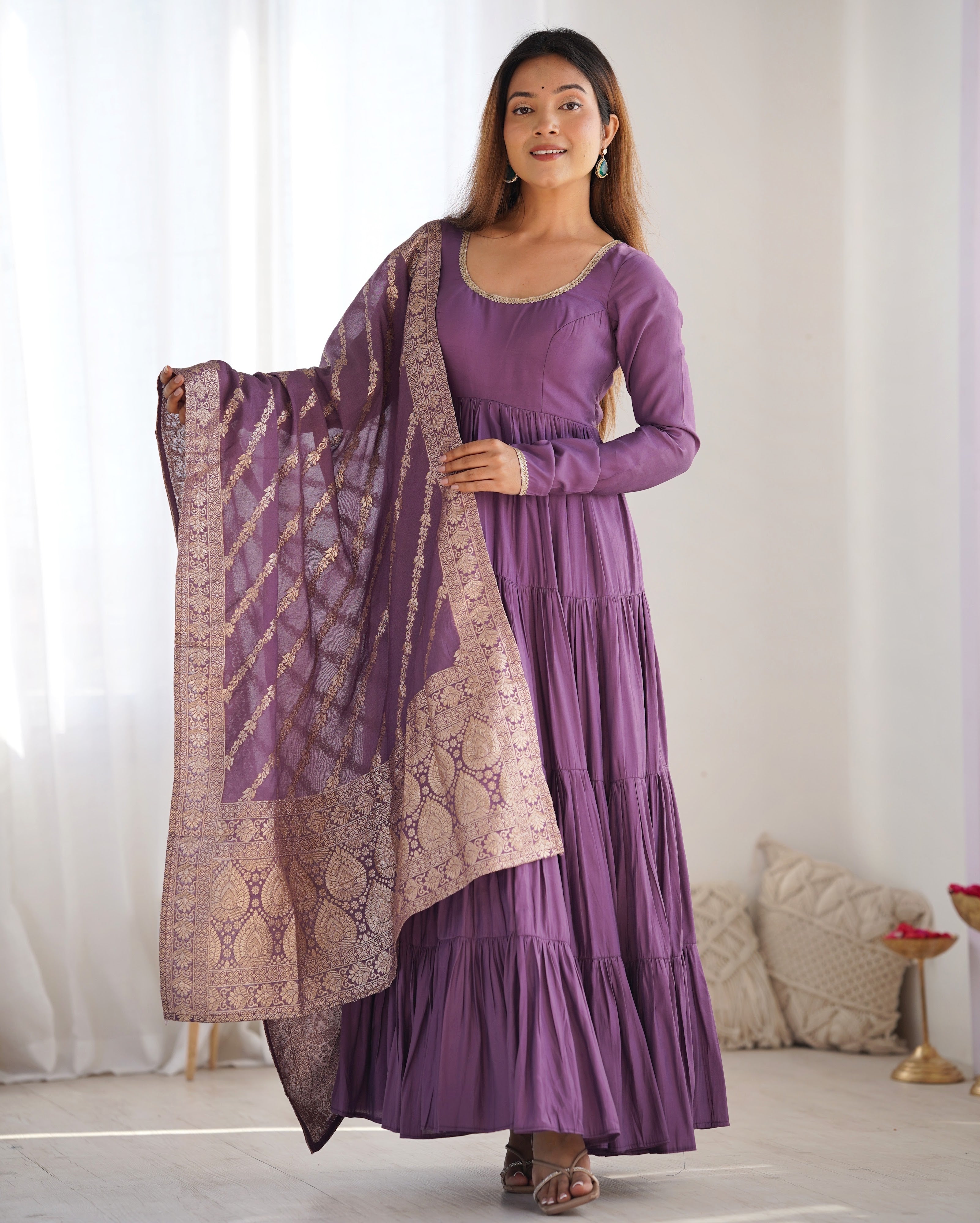 Roman Chanderi Silk Embroidered Anarkali Set – Purple