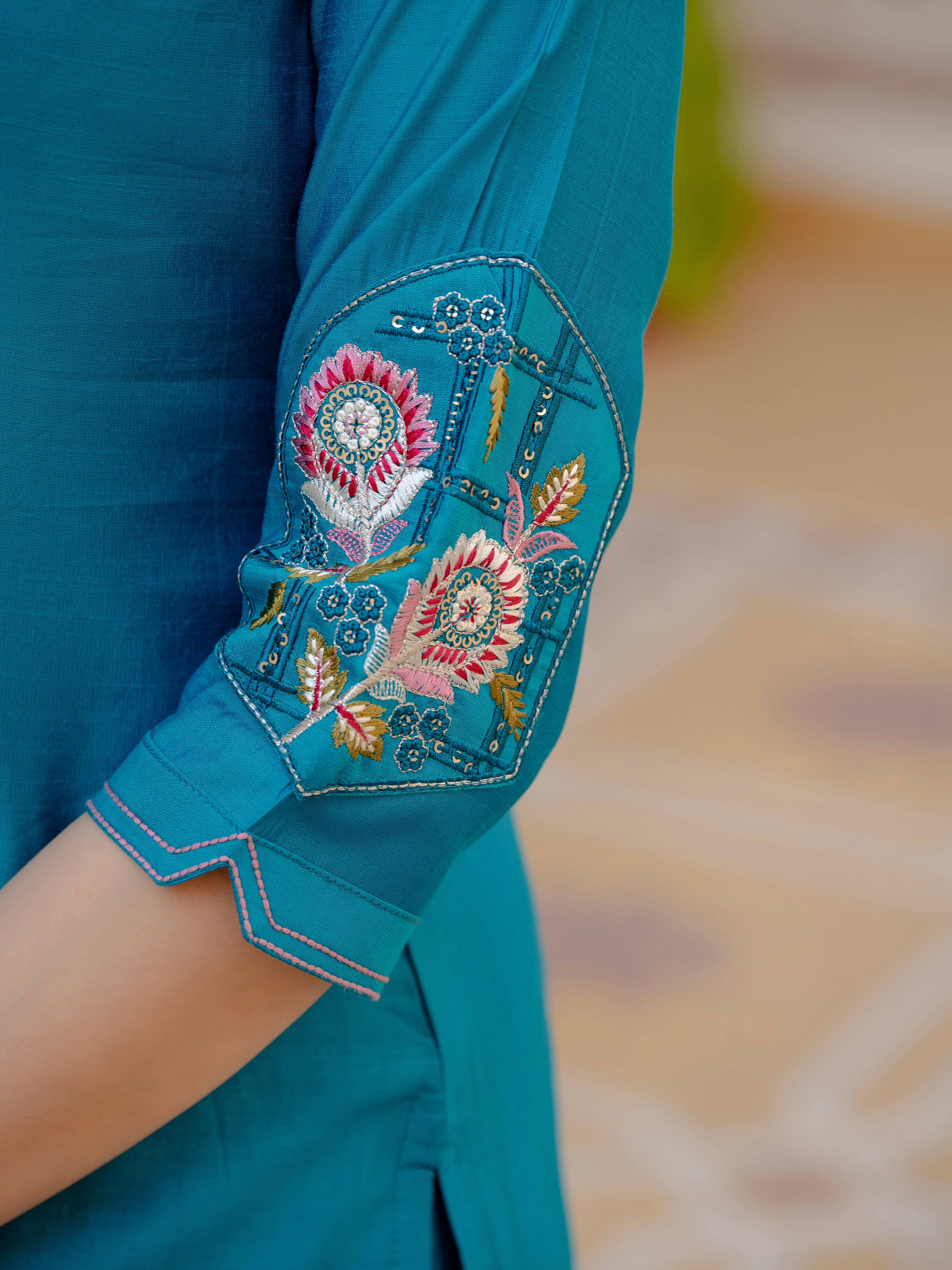Pure Viscose Mango Silk Embroidered Straight Kurti Set – Firozi