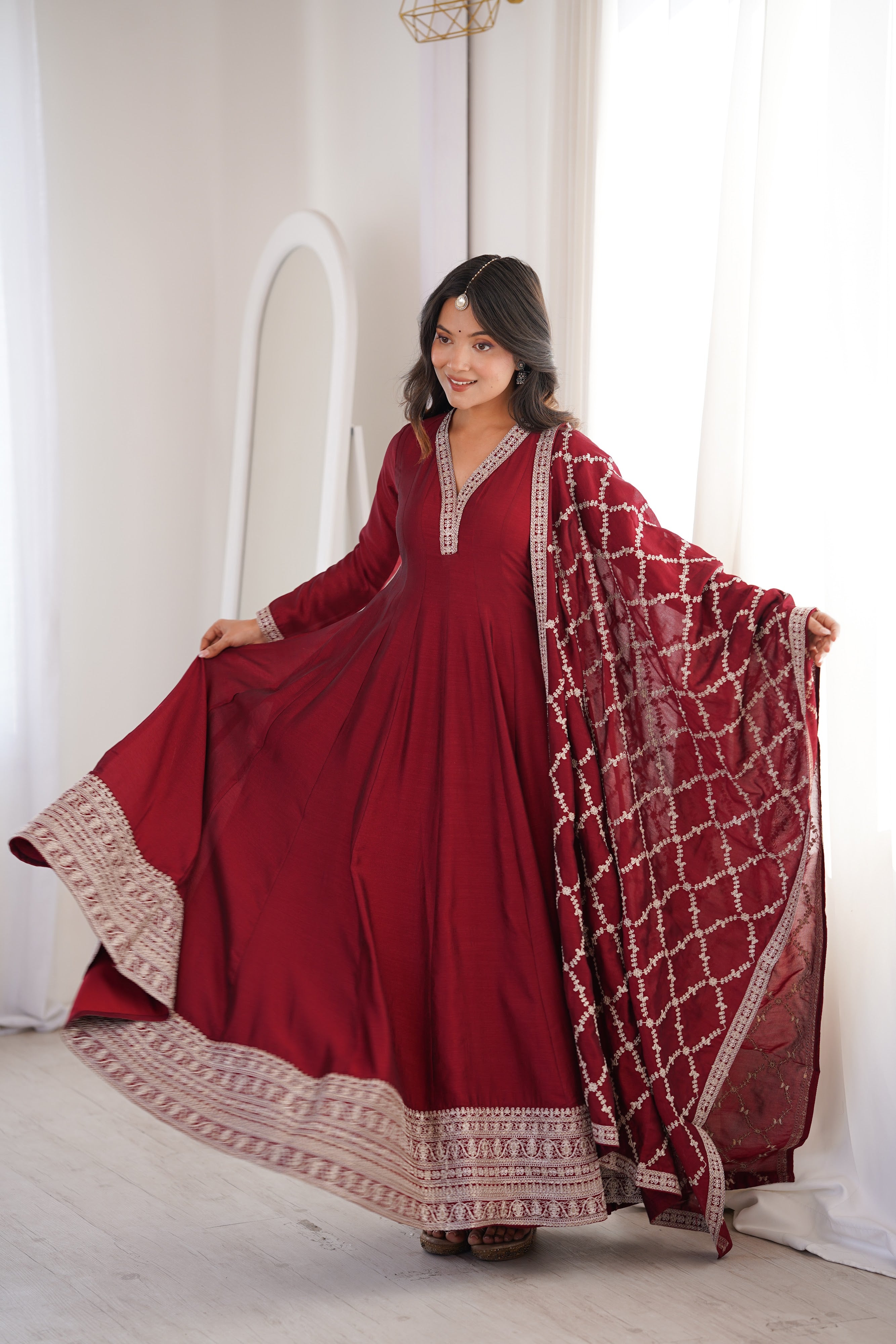 Vichitra Silk Embroidered Gown Set – Maroon