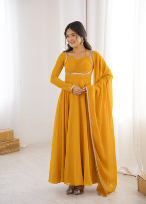 Georgette Embroidered Gown Set – Yellow