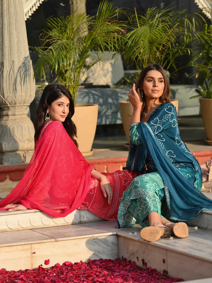 Chinon Silk Printed Kurta Pant Dupatta Set – Peach