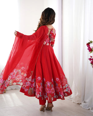 Organza Silk Printed Anarkali Set – Red